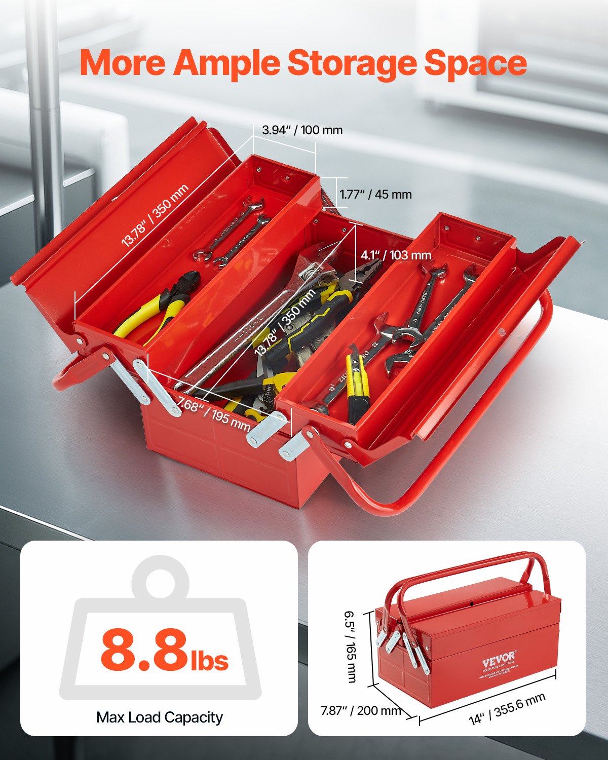 VEVOR Tool Box 14-inch 2-Tier 3-Tray Folding Cantilever Toolbox with Handle 