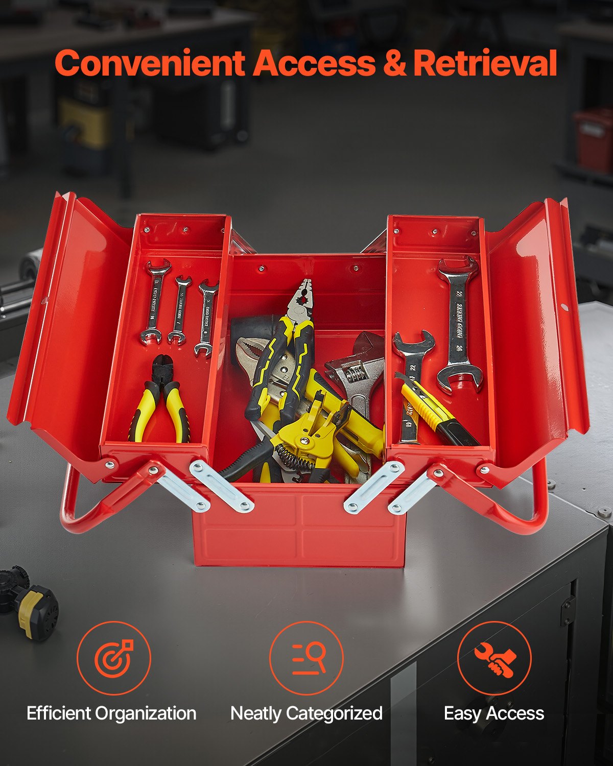 VEVOR Tool Box 14-inch 2-Tier 3-Tray Folding Cantilever Toolbox with Handle 