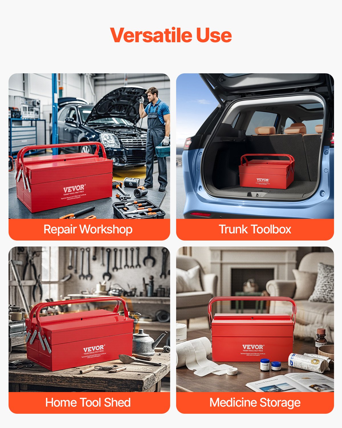 VEVOR Tool Box 14-inch 2-Tier 3-Tray Folding Cantilever Toolbox with Handle 