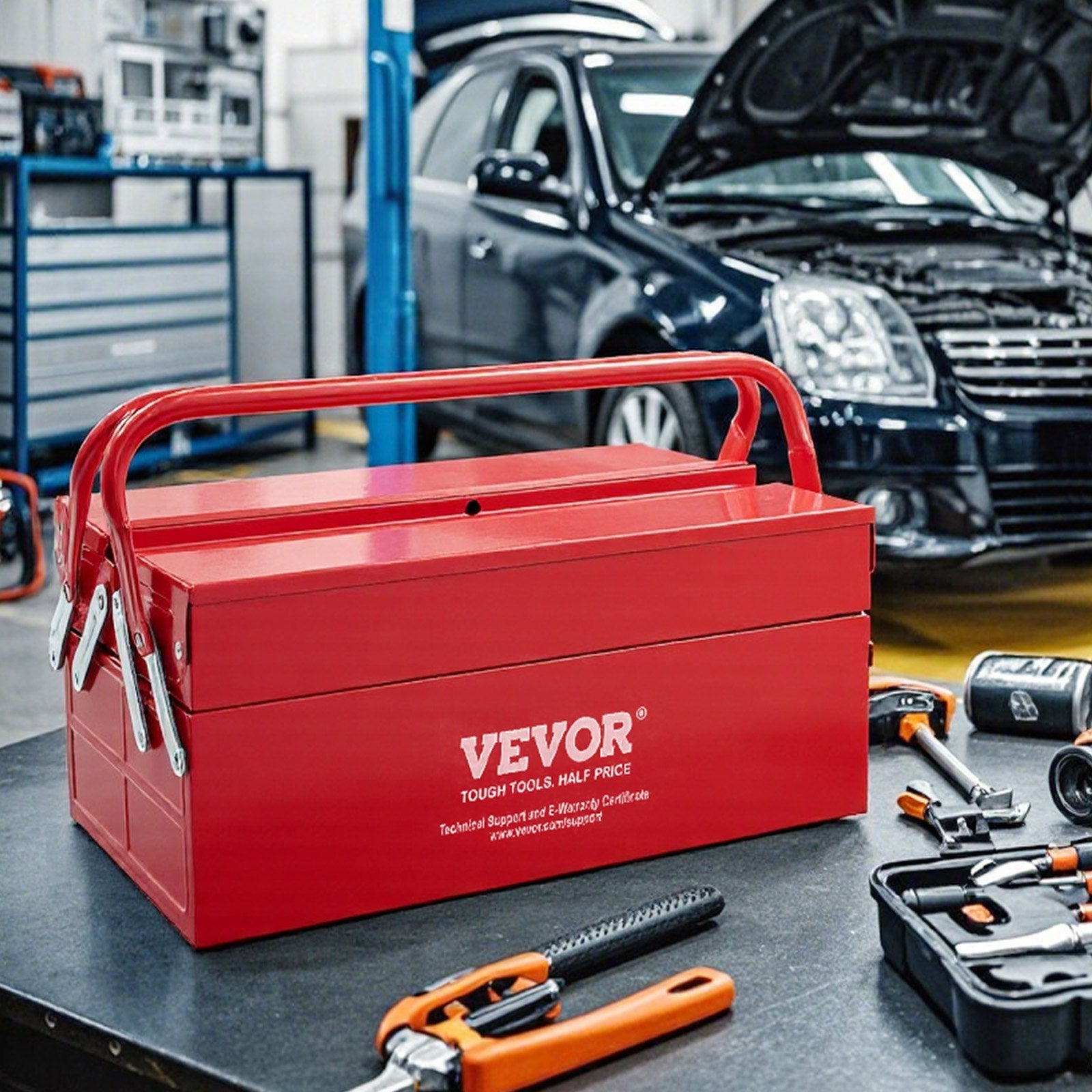 VEVOR Tool Box 14-inch 2-Tier 3-Tray Folding Cantilever Toolbox with Handle 
