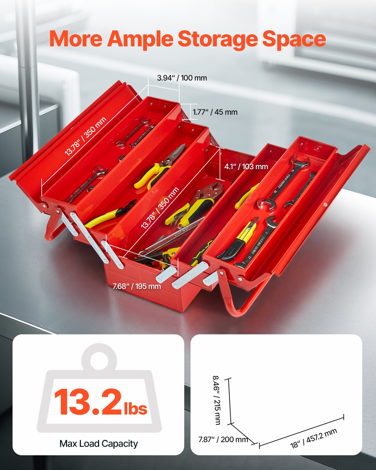 VEVOR Tool Box 18-inch 3-Tier 5-Tray Folding Cantilever Toolbox with Handle 