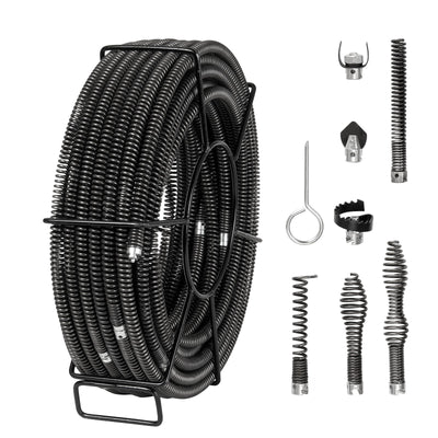 VEVOR Sectional Drain Cleaning Cable 100FTx5/8In & 7 Cutters for 0.8"-3.9" Pipes 