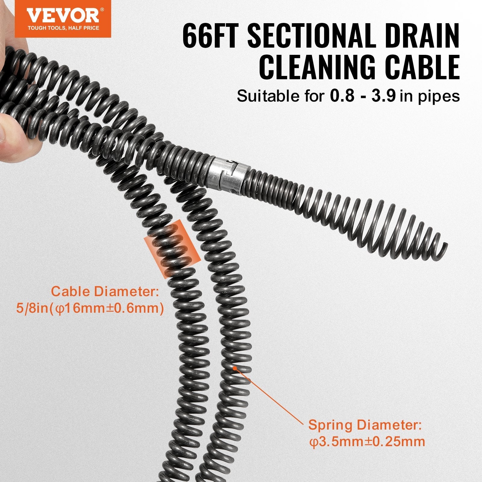 VEVOR Drain Cleaning Cable 66 FT x 5/8 Inch, Professional Sectional Drain Cleaner Cable with 7 Cutters for 0.8" to 3.9" Pipes, Hollow Core Sewer Drain Auger Cable for Sink, Floor Drain, Toilet 