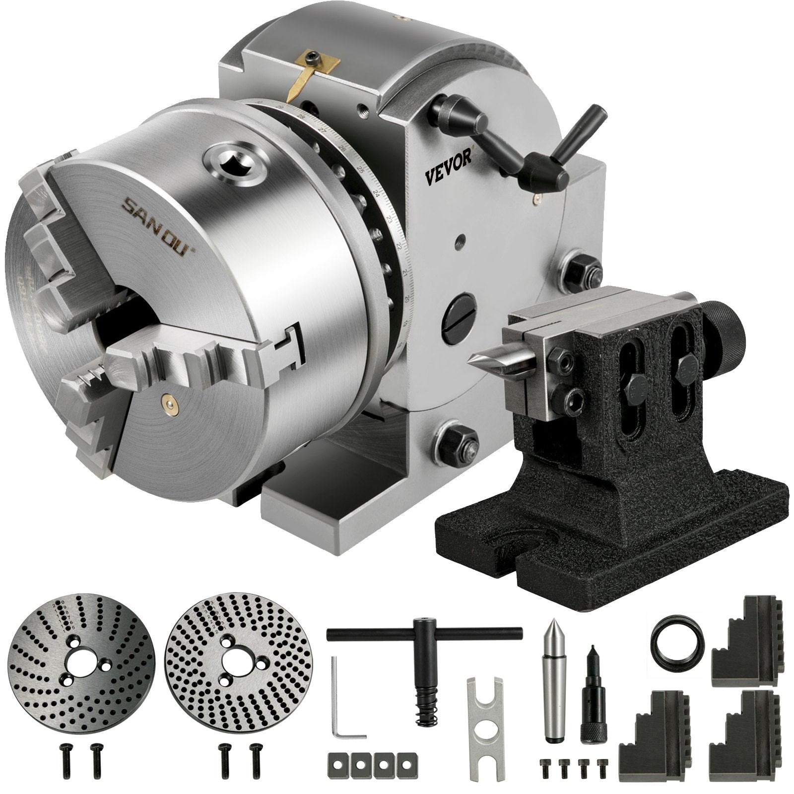 VEVOR Dividing Head BS-1 Dividing Head Set 6" 3-jaw Chuck Semi Universal Milling Set with 6" Chuck+Tailstock+Dividing Plates for Milling Grinding Drilling Machine 