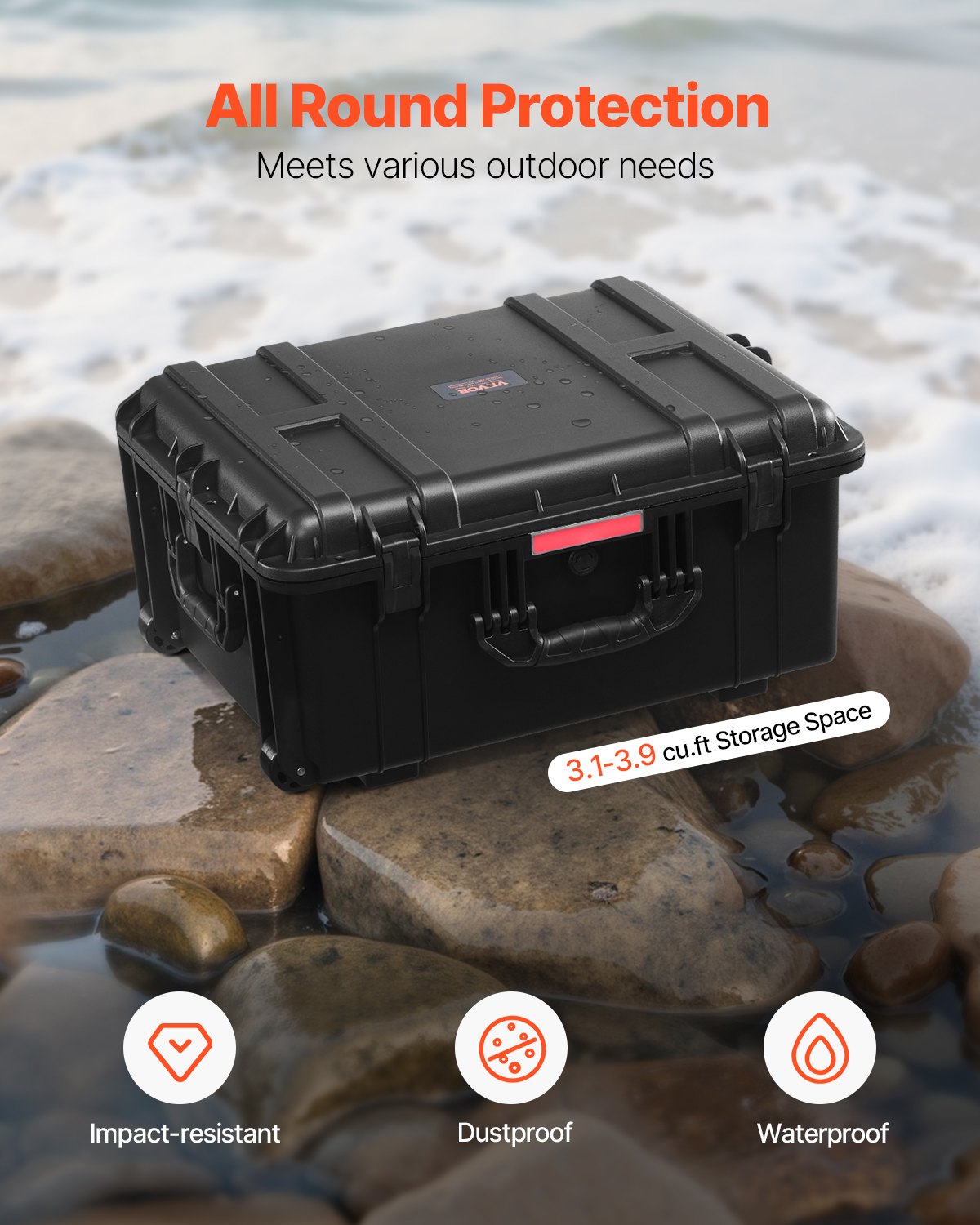 VEVOR 3.5 Cu.ft Weatherproof Hard Case Rolling Wheels & Retractable Handle Black 