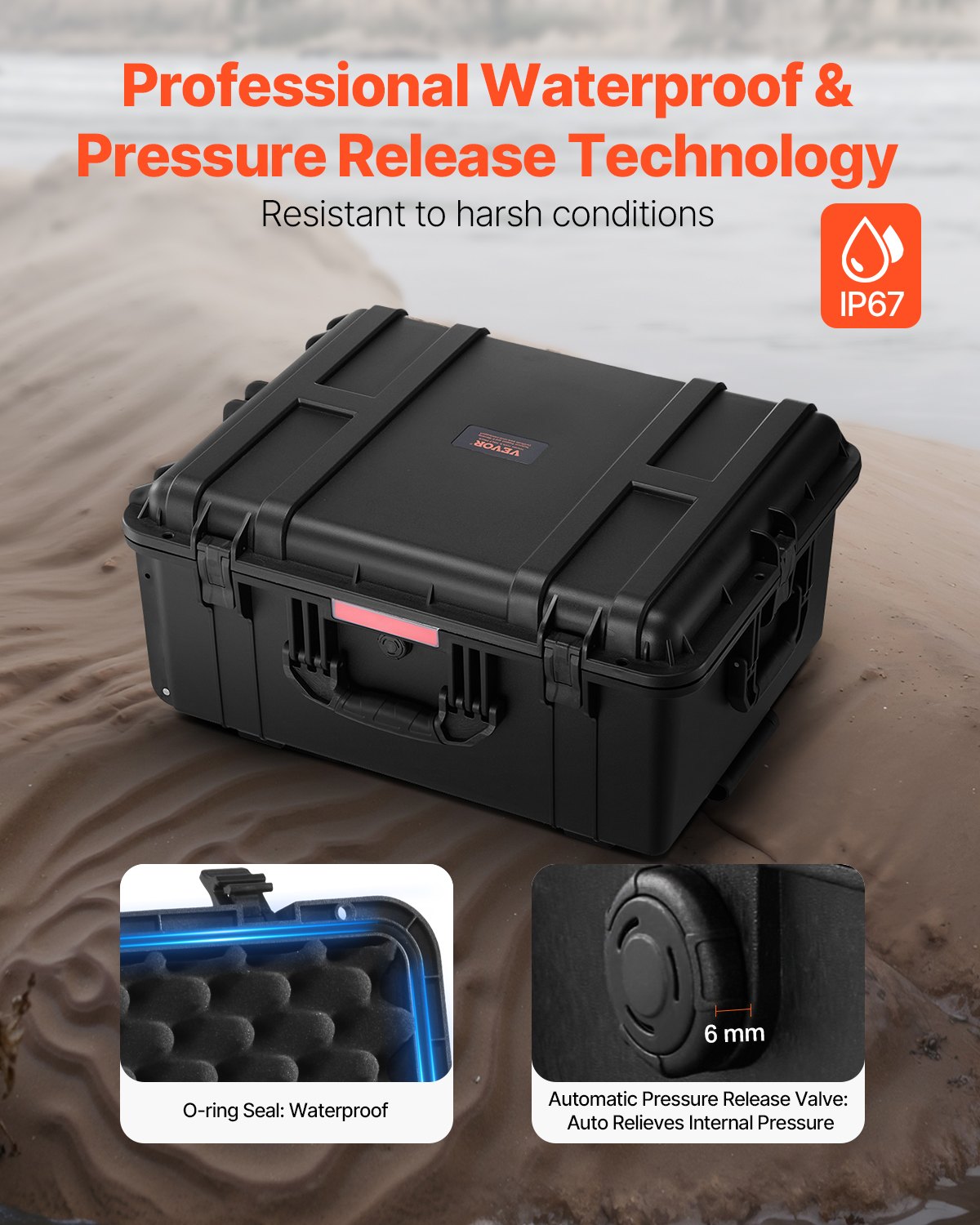 VEVOR 3.5 Cu.ft Weatherproof Hard Case Rolling Wheels & Retractable Handle Black 