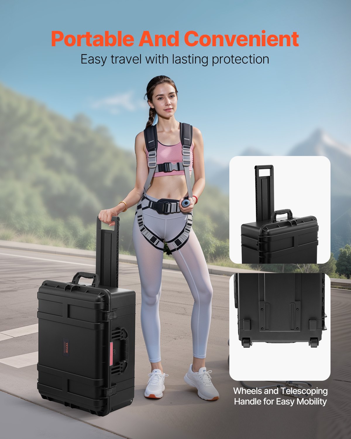 VEVOR 3.5 Cu.ft Weatherproof Hard Case Rolling Wheels & Retractable Handle Black 
