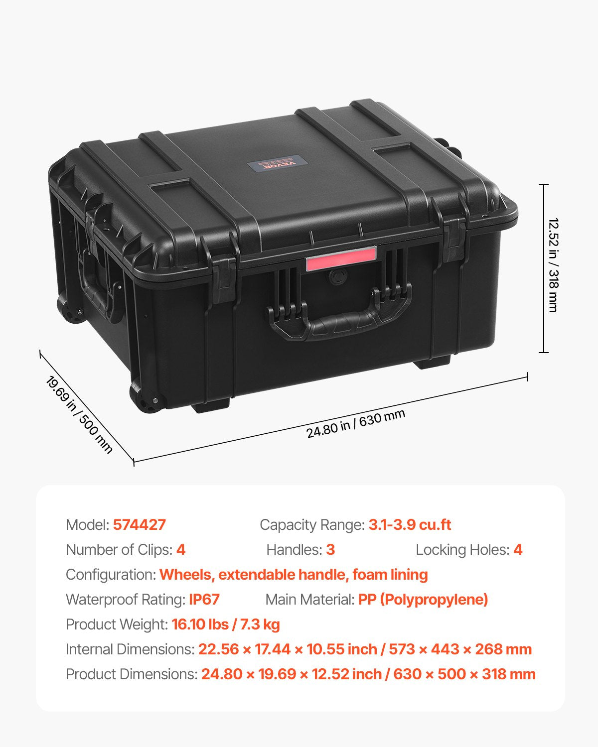 VEVOR 3.5 Cu.ft Weatherproof Hard Case Rolling Wheels & Retractable Handle Black 
