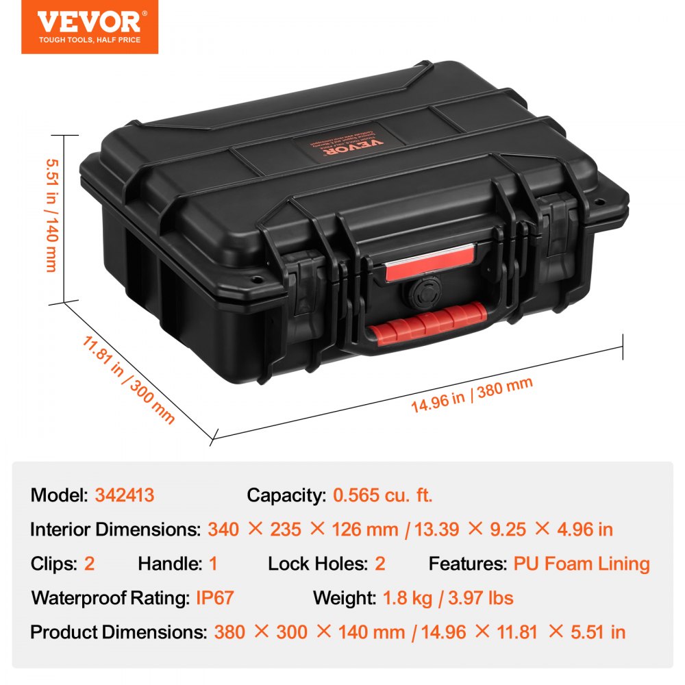 VEVOR 0.56 Cu.ft Weatherproof Hard Case with Handle Clips Padlock Holes PU Foam 