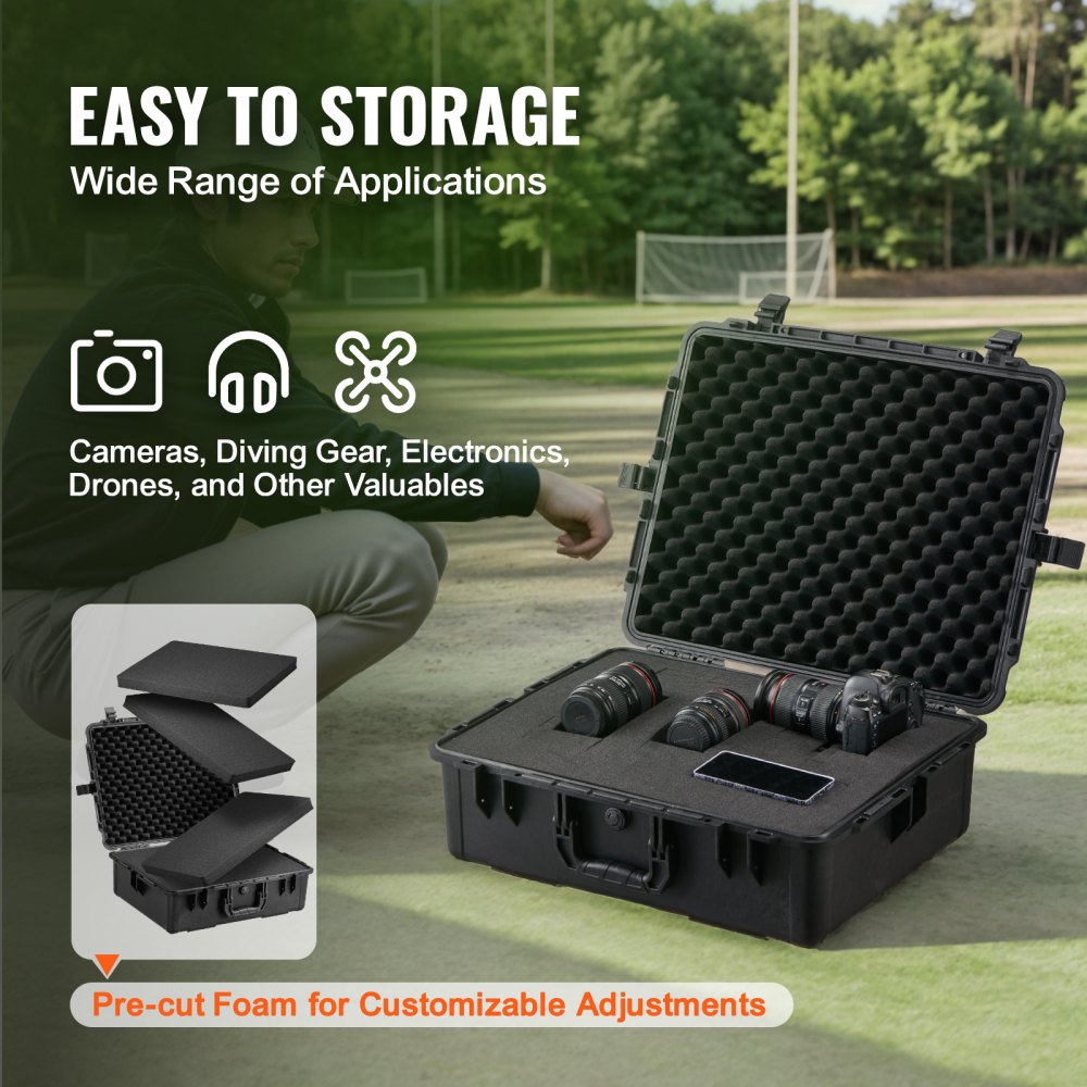 VEVOR 2.4 Cu.ft Weatherproof Hard Case with Handle Clips Padlock Holes Foam 