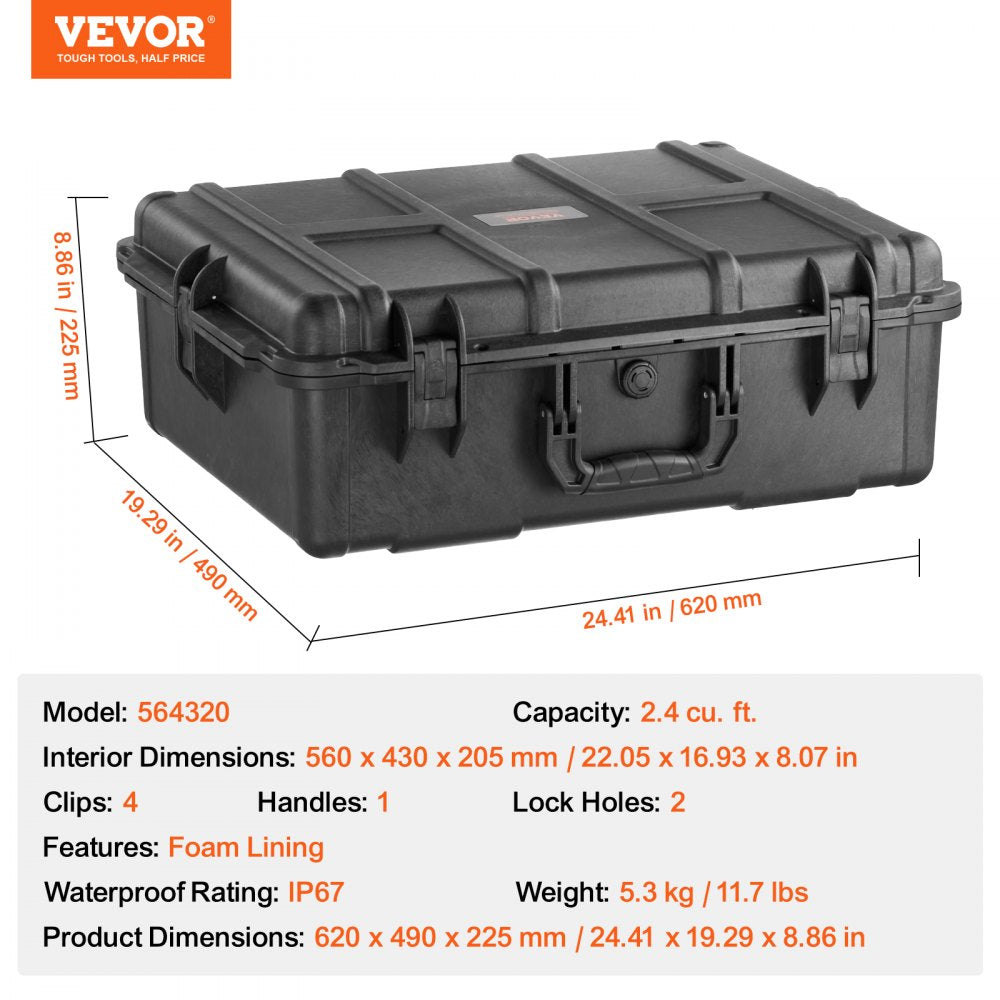 VEVOR 2.4 Cu.ft Weatherproof Hard Case with Handle Clips Padlock Holes Foam 