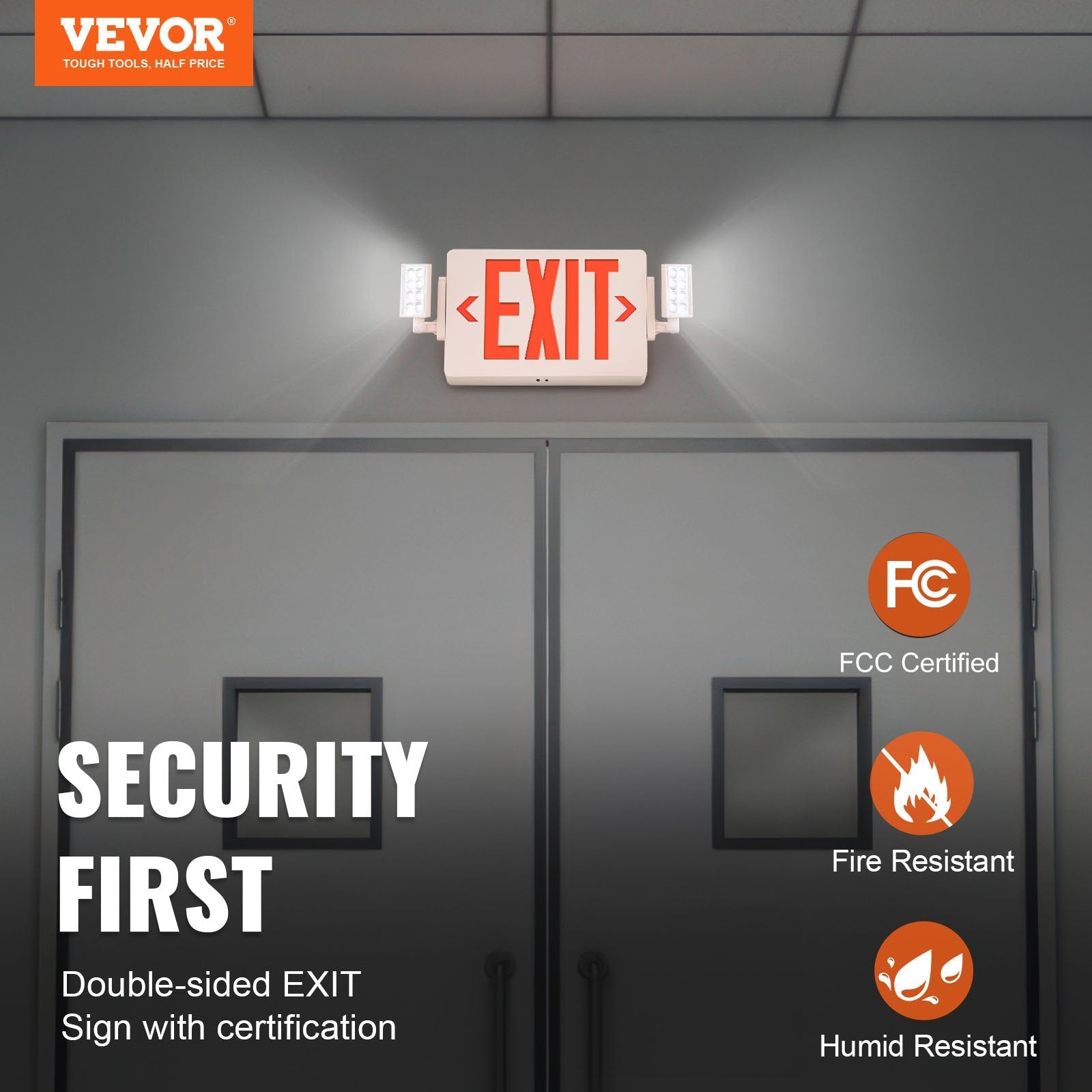 VEVOR LED Exit Sign with Emergency Lights, Two Heads Emergency Exit Light with Battery Backup, Combo Red Letter Fire Exit Lighting, Commercial Exit Signs for Business, White Tested to UL Standards 