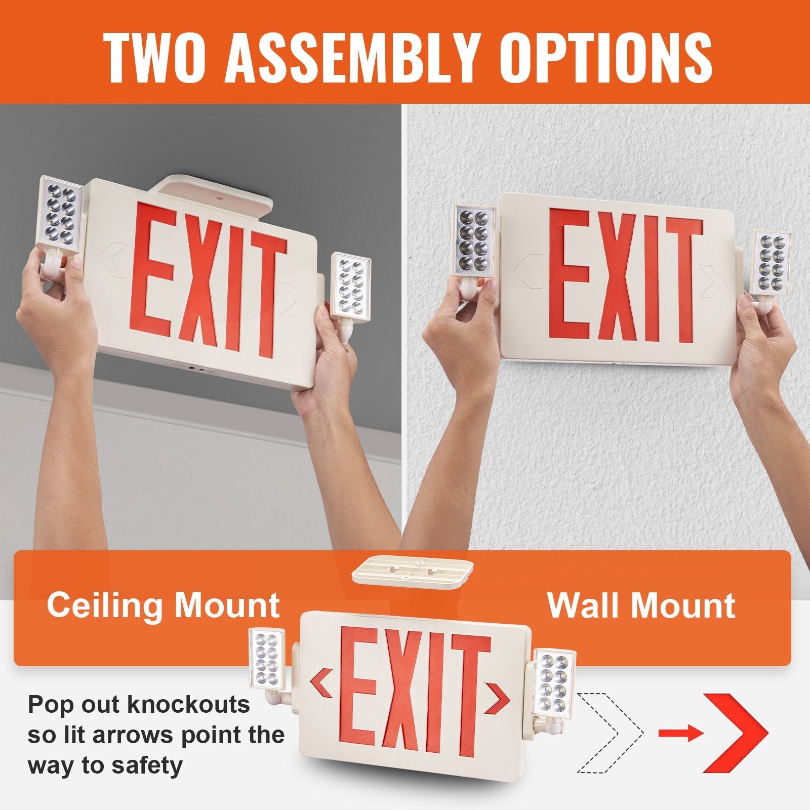 VEVOR LED Exit Sign with Emergency Lights, Two Heads Emergency Exit Light with Battery Backup, Combo Red Letter Fire Exit Lighting, Commercial Exit Signs for Business, White Tested to UL Standards 