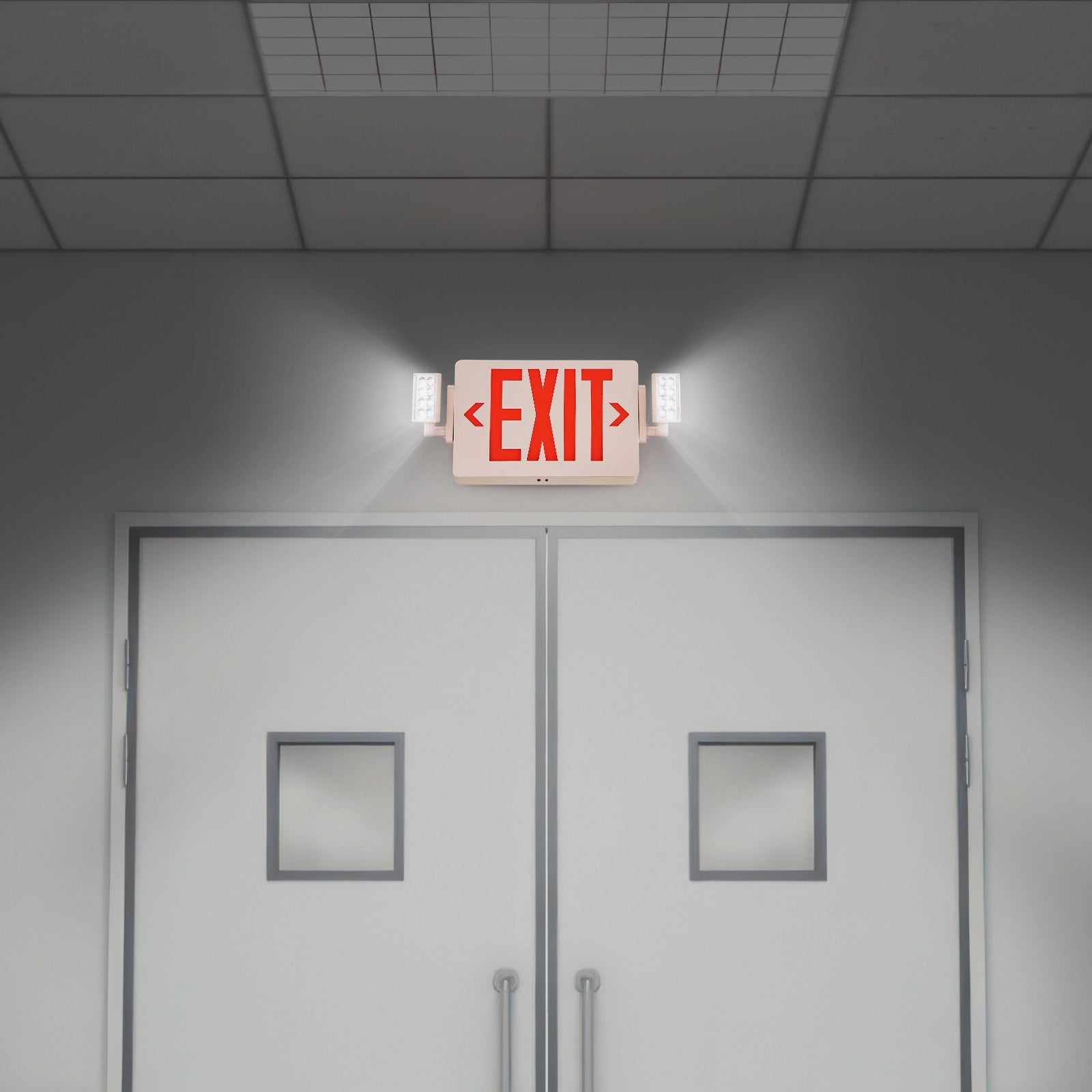 VEVOR LED Exit Sign with Emergency Lights, Two Heads Emergency Exit Light with Battery Backup, Combo Red Letter Fire Exit Lighting, Commercial Exit Signs for Business, White Tested to UL Standards 