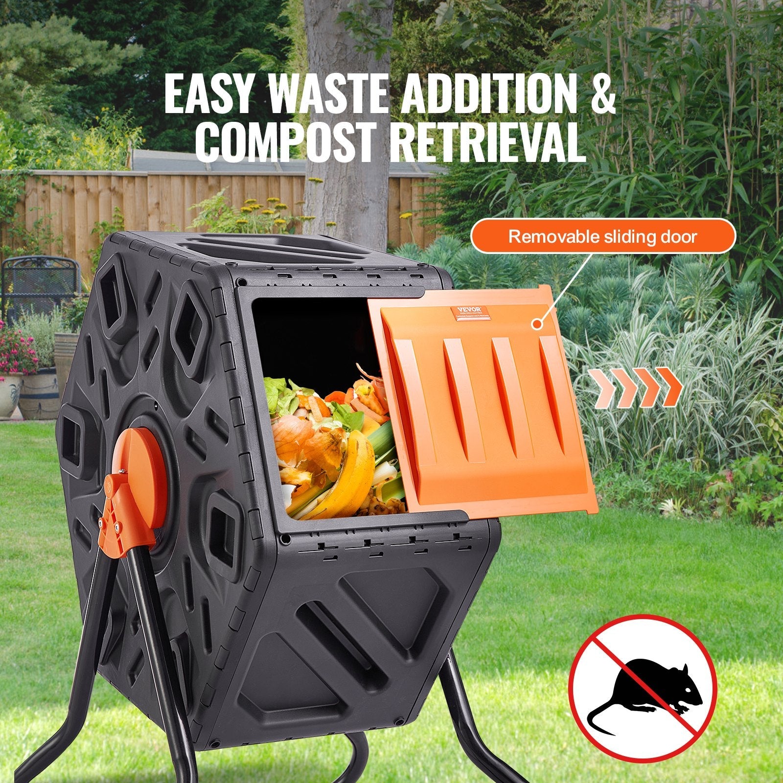 VEVOR Compost Bin, 18.5-Gal Small Composting Tumbler, Compact Single Rotating Chamber with Sliding Door and Steel Frame, BPA Free Composter Bin Tumbler for Garden, Kitchen, Yard, Outdoor 