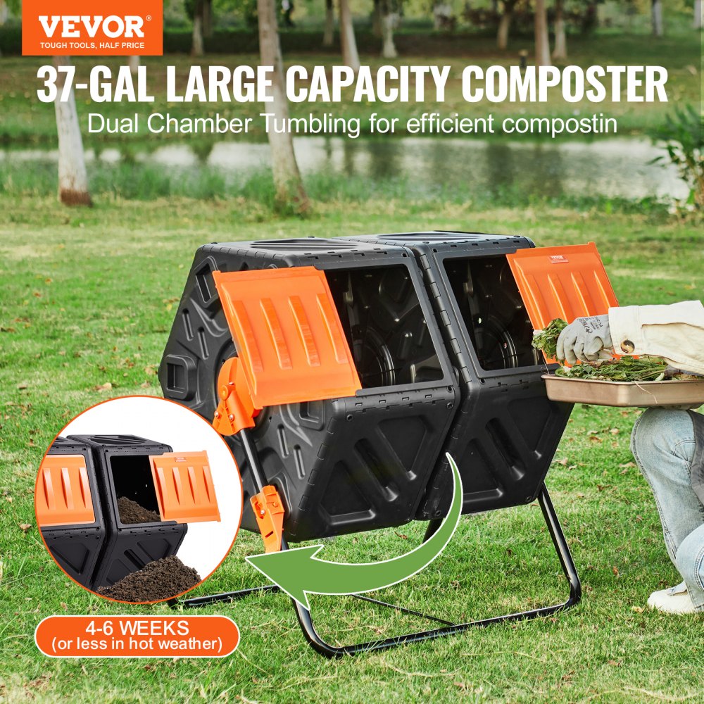 VEVOR Compost Bin, 37-Gal Dual Chamber Composting Tumbler, High Volume Two Rotating Chambers with 2 Sliding Door and Steel Frame, BPA Free Composter Bin Tumbler for Garden, Kitchen, Yard, Outdoor 