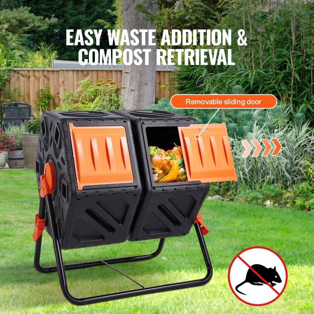 VEVOR Compost Bin, 37-Gal Dual Chamber Composting Tumbler, High Volume Two Rotating Chambers with 2 Sliding Door and Steel Frame, BPA Free Composter Bin Tumbler for Garden, Kitchen, Yard, Outdoor 