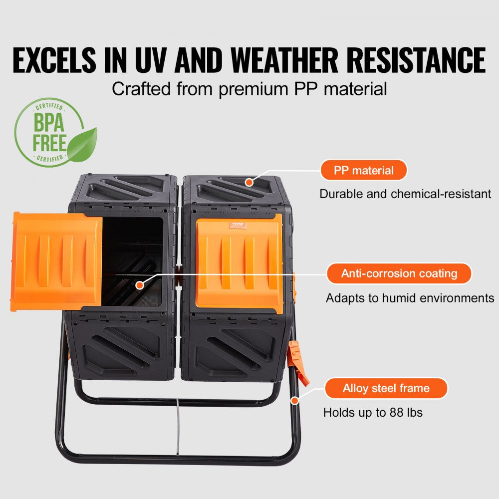 VEVOR Compost Bin, 37-Gal Dual Chamber Composting Tumbler, High Volume Two Rotating Chambers with 2 Sliding Door and Steel Frame, BPA Free Composter Bin Tumbler for Garden, Kitchen, Yard, Outdoor 