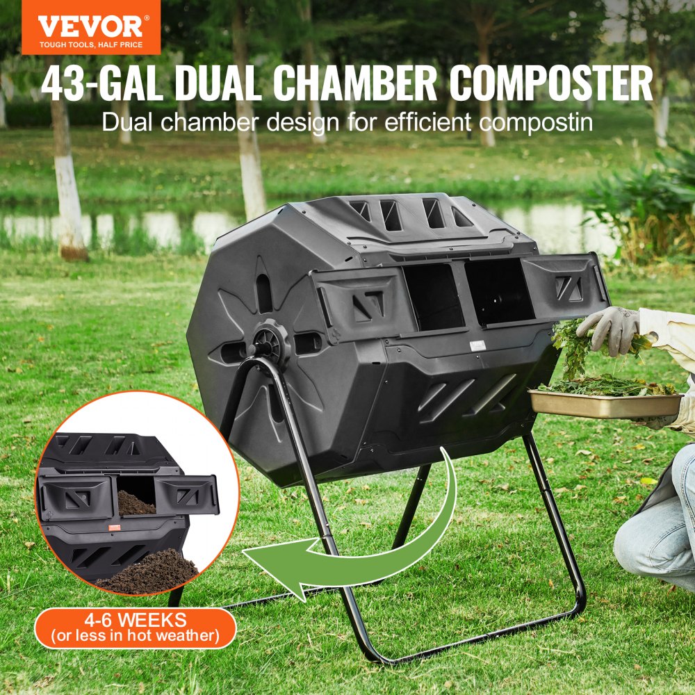 VEVOR Compost Bin, 43-Gal Dual Chamber Composting Tumbler, Large Tumbling Rotating Composter with 2 Sliding Doors and Steel Frame, BPA Free Composter Bin Tumbler for Garden, Kitchen, Yard, Outdoor 