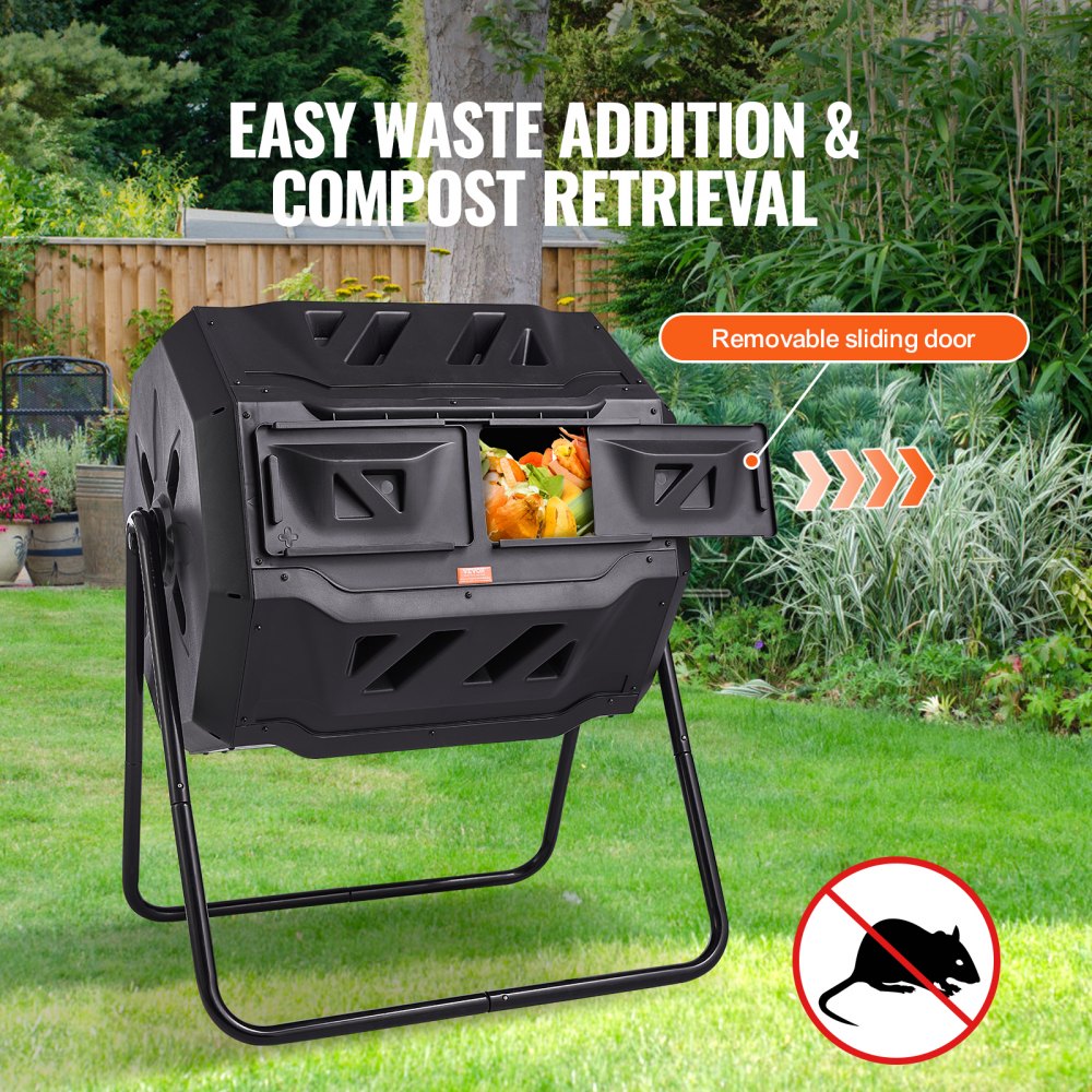 VEVOR Compost Bin, 43-Gal Dual Chamber Composting Tumbler, Large Tumbling Rotating Composter with 2 Sliding Doors and Steel Frame, BPA Free Composter Bin Tumbler for Garden, Kitchen, Yard, Outdoor 