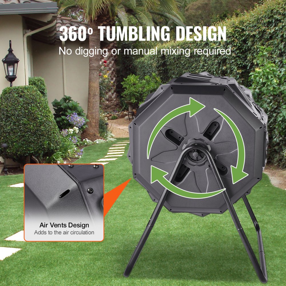 VEVOR Compost Bin, 43-Gal Dual Chamber Composting Tumbler, Large Tumbling Rotating Composter with 2 Sliding Doors and Steel Frame, BPA Free Composter Bin Tumbler for Garden, Kitchen, Yard, Outdoor 