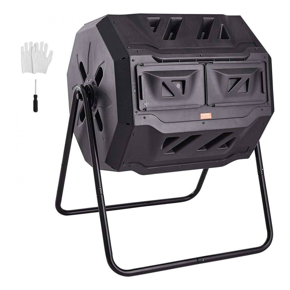 VEVOR Compost Bin, 43-Gal Dual Chamber Composting Tumbler, Large Tumbling Rotating Composter with 2 Sliding Doors and Steel Frame, BPA Free Composter Bin Tumbler for Garden, Kitchen, Yard, Outdoor 