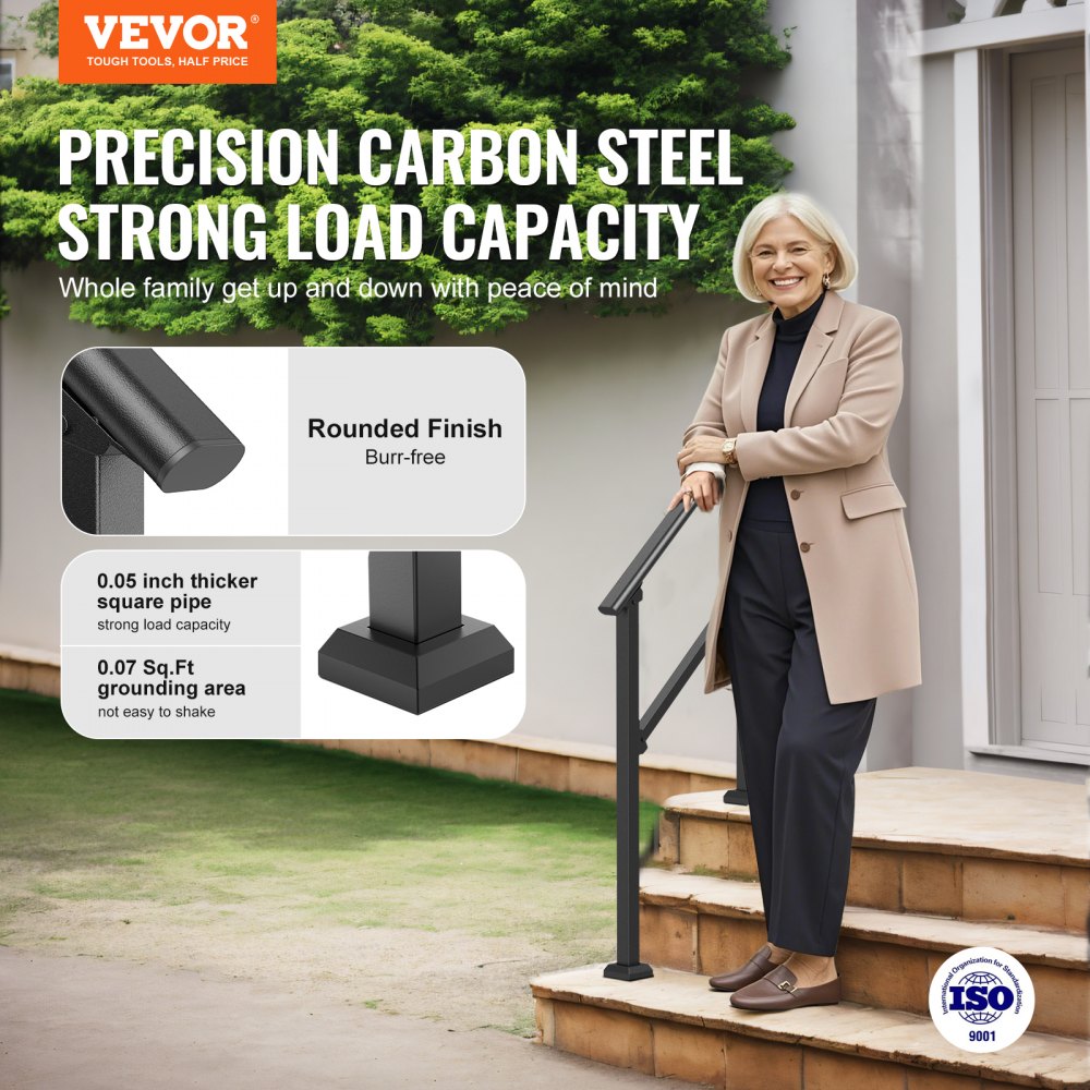 VEVOR 2-3 Handrails for Outdoor for Seniors Porch Deck Black Square Tube Steel 