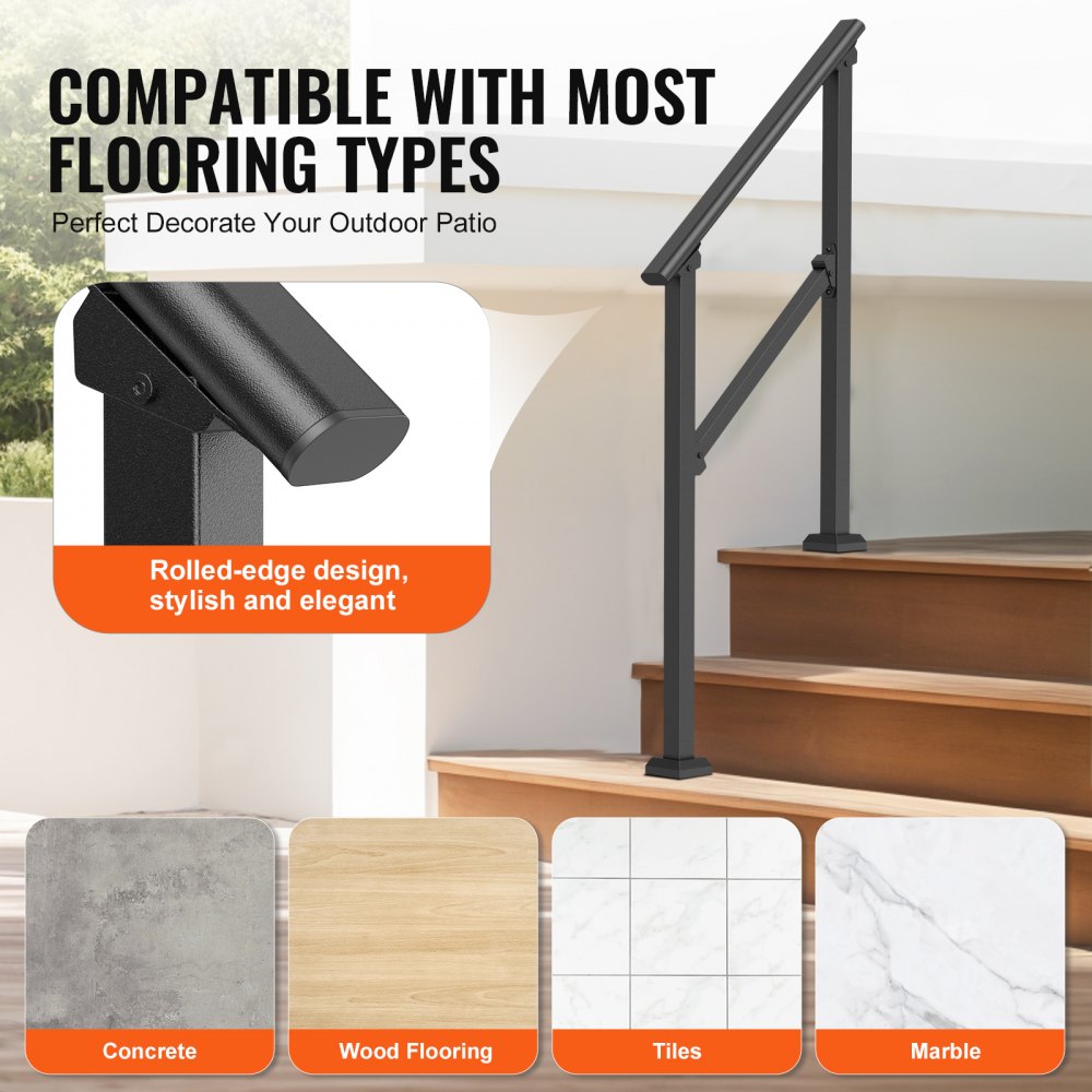 VEVOR 2-3 Handrails for Outdoor for Seniors Porch Deck Black Square Tube Steel 