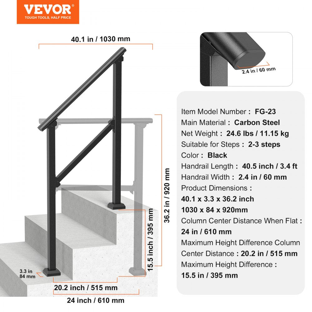 VEVOR 2-3 Handrails for Outdoor for Seniors Porch Deck Black Square Tube Steel 
