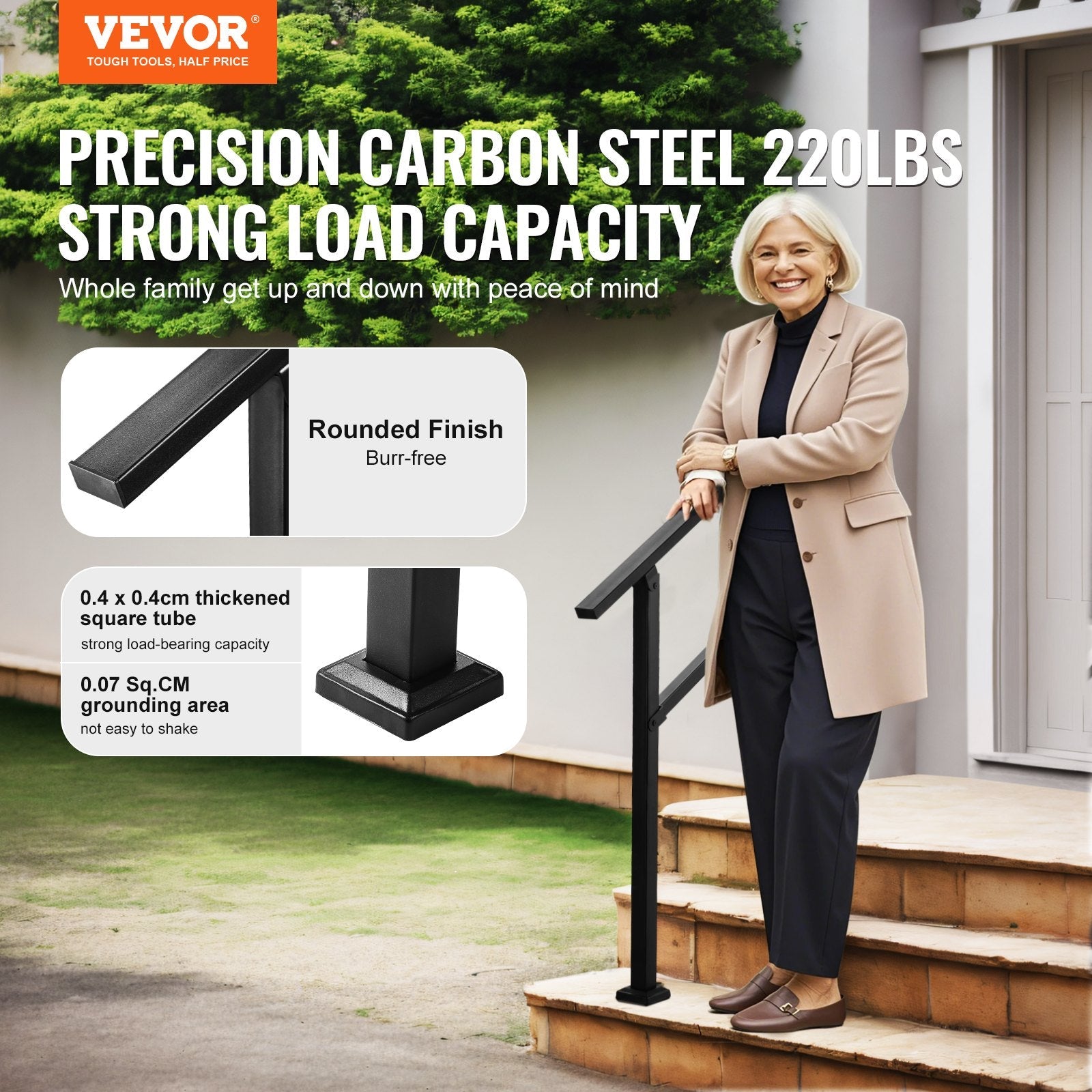 VEVOR Outdoor Handrails for 2-3 Step Stairs Black Square Tube Easy Install 