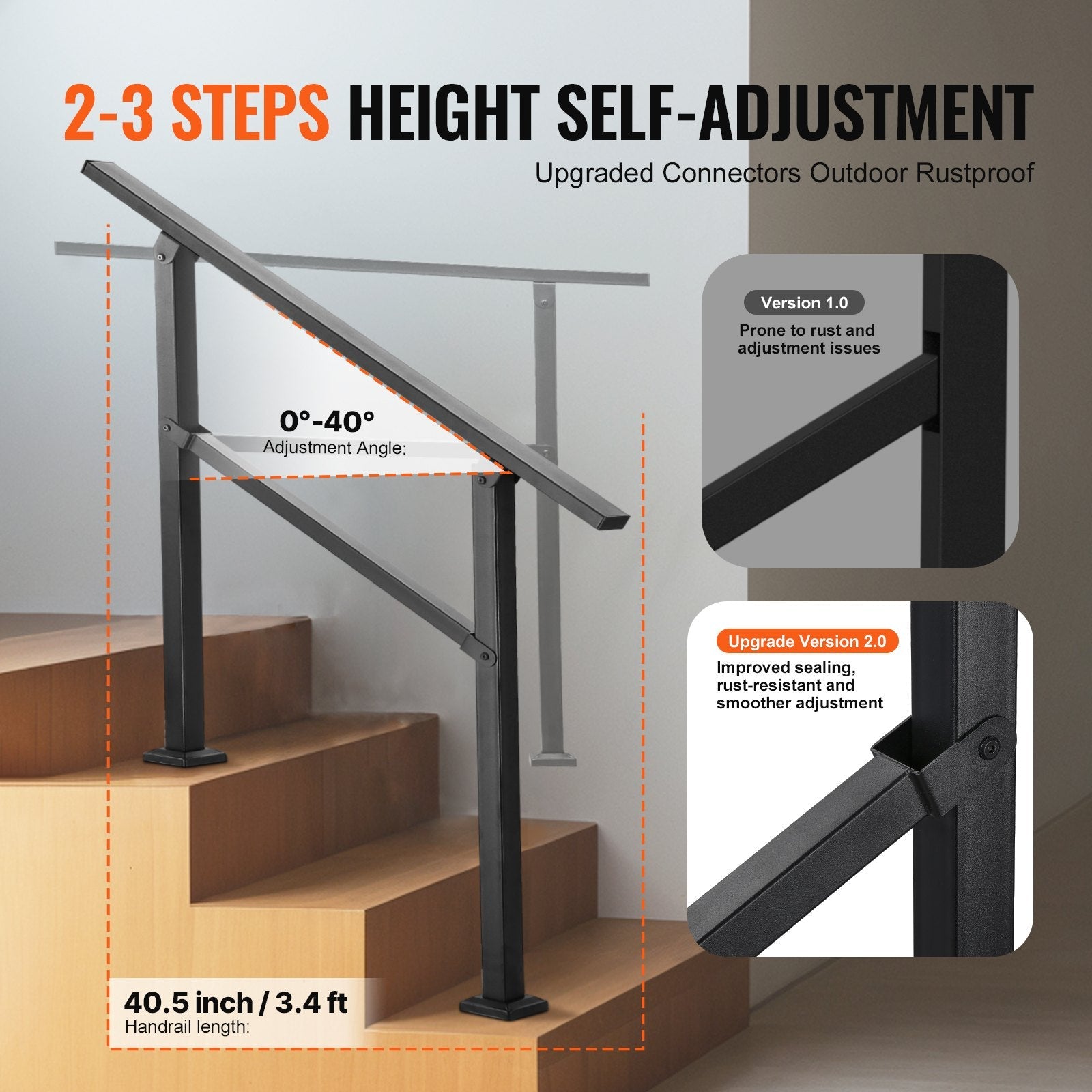 VEVOR Outdoor Handrails for 2-3 Step Stairs Black Square Tube Easy Install 