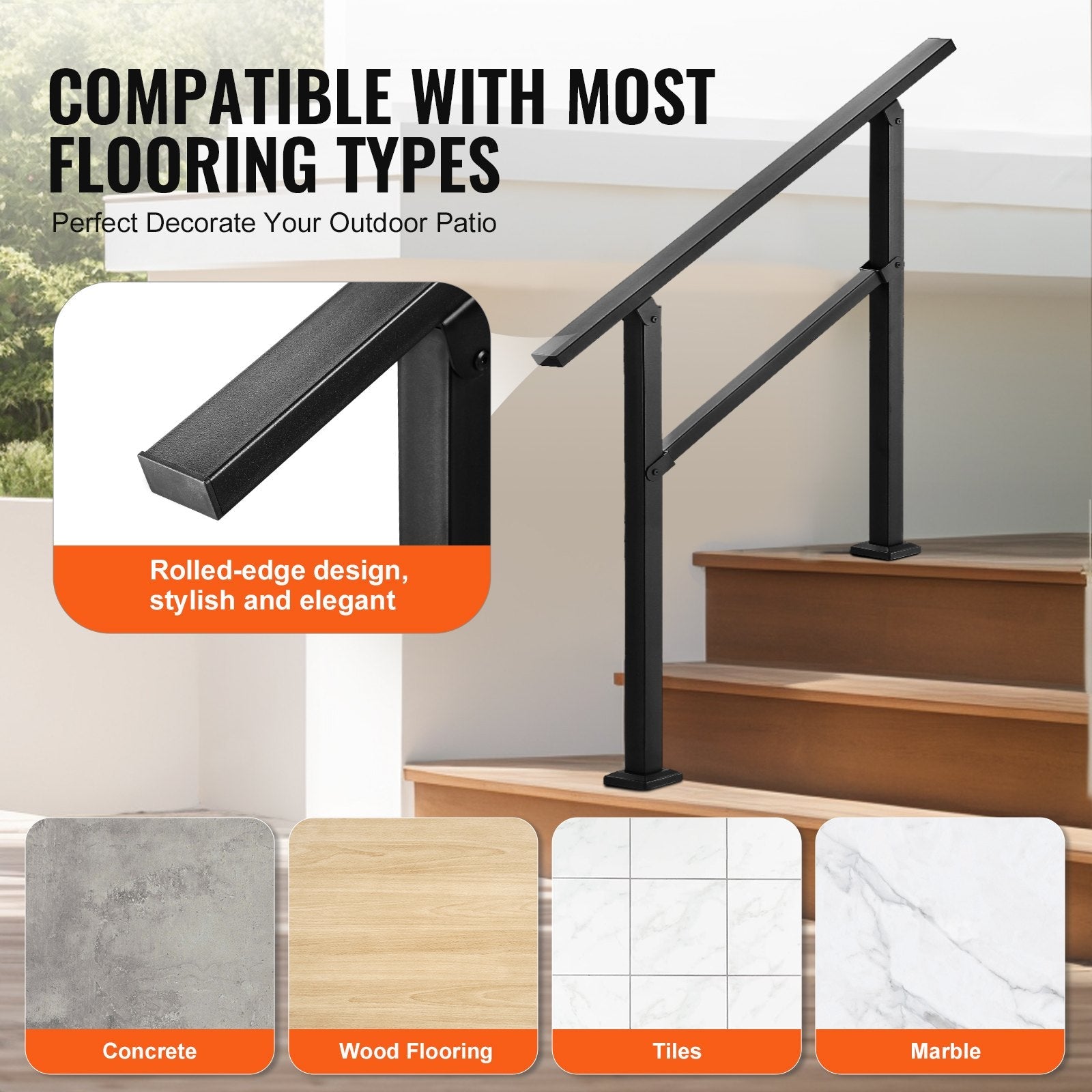 VEVOR Outdoor Handrails for 2-3 Step Stairs Black Square Tube Easy Install 