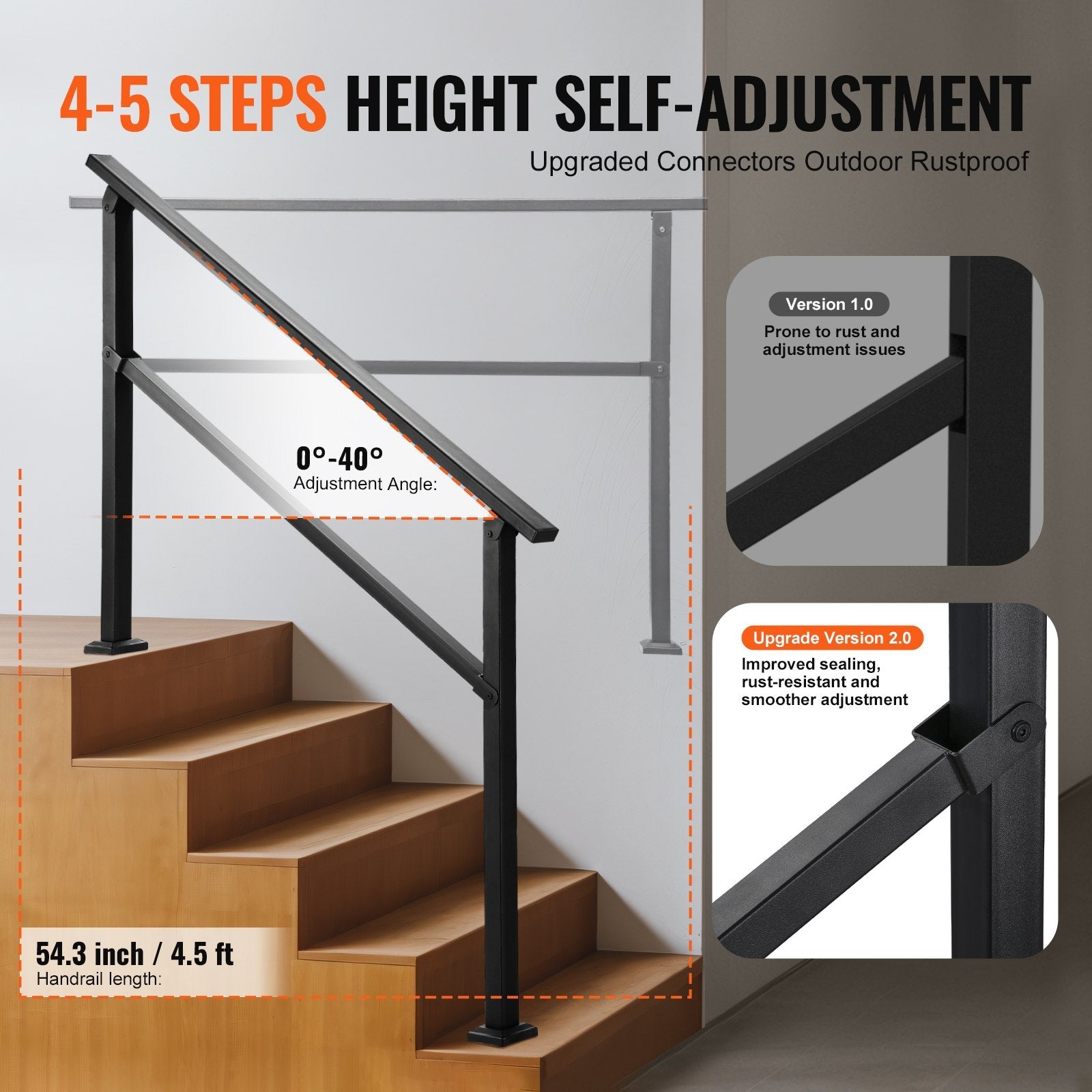 VEVOR Outdoor Handrails for 4-5 Step Stairs Black Square Tube Easy Install 