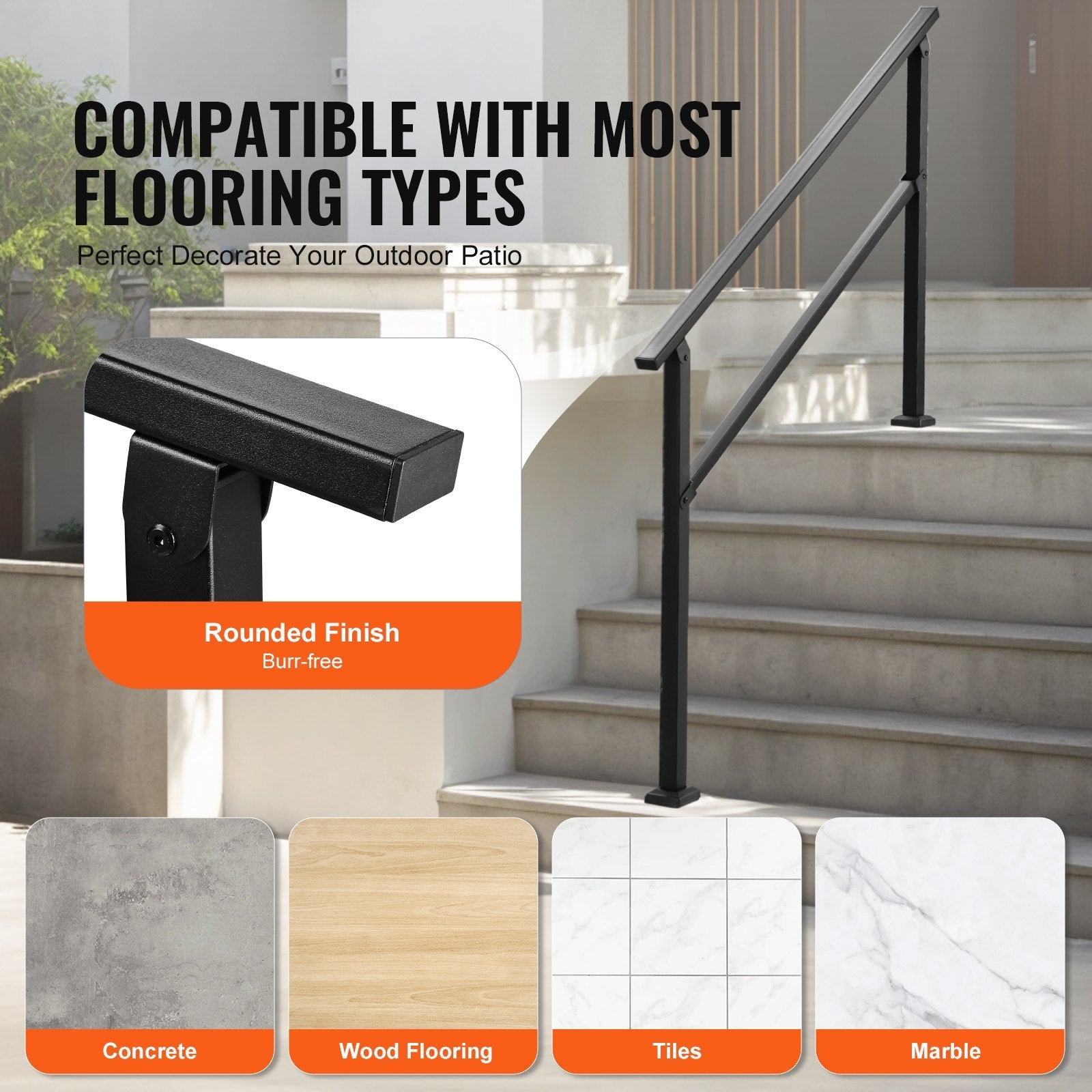 VEVOR Outdoor Handrails for 4-5 Step Stairs Black Square Tube Easy Install 