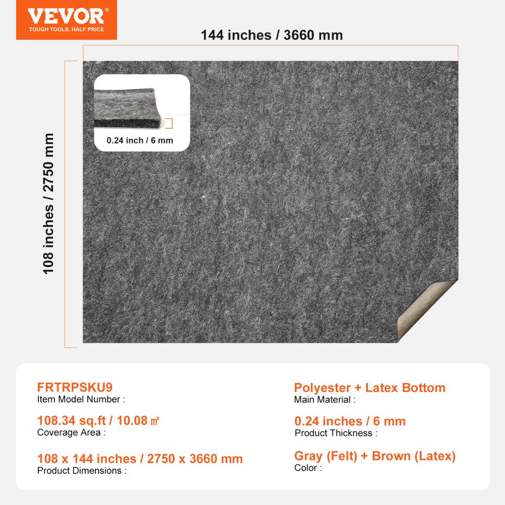VEVOR Non Slip Rug Pad Gripper 9' x 12' Carpet Mat 0.24" Thick for All Floor 