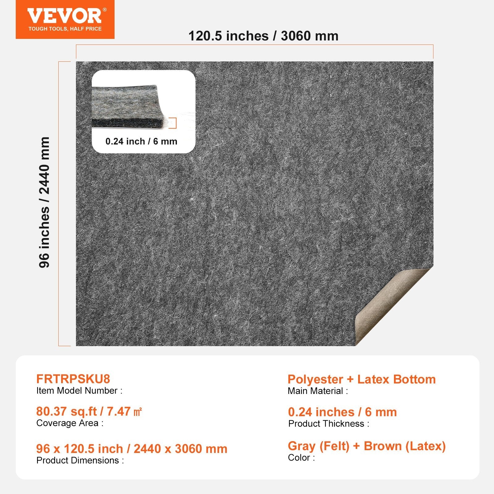 VEVOR Non Slip Rug Pad Gripper 8' x 10' Carpet Mat 0.24" Thick for All Floor 