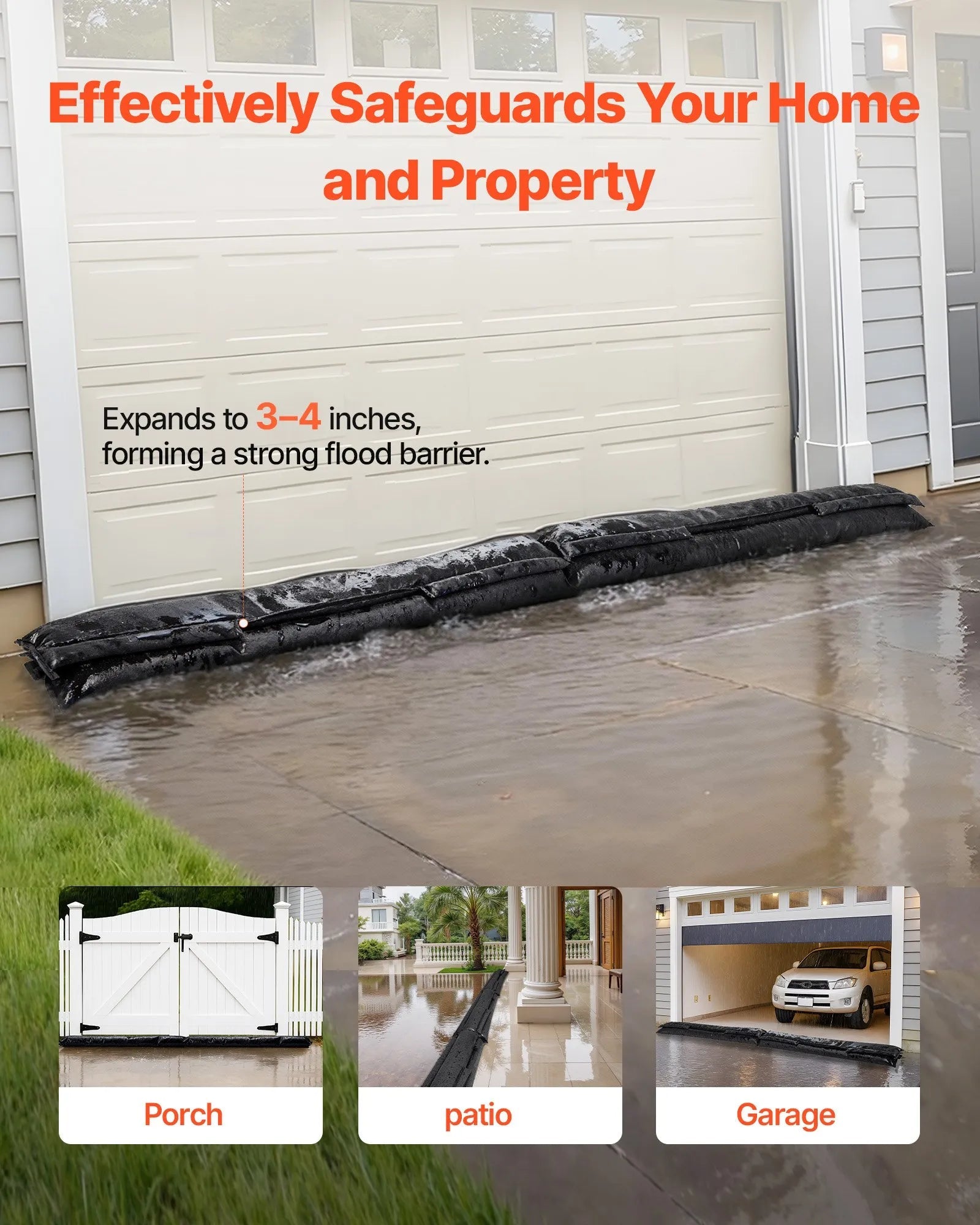 VEVOR Flood Barrier, 4 Pack, 5 x 0.7 ft Flood Bags Activated by Water, Reusable Water Absorbent Barrier, Sandless Sandbags Blockage, Flooding Prevention Bags for Home, Doorway, Basement, Garage 