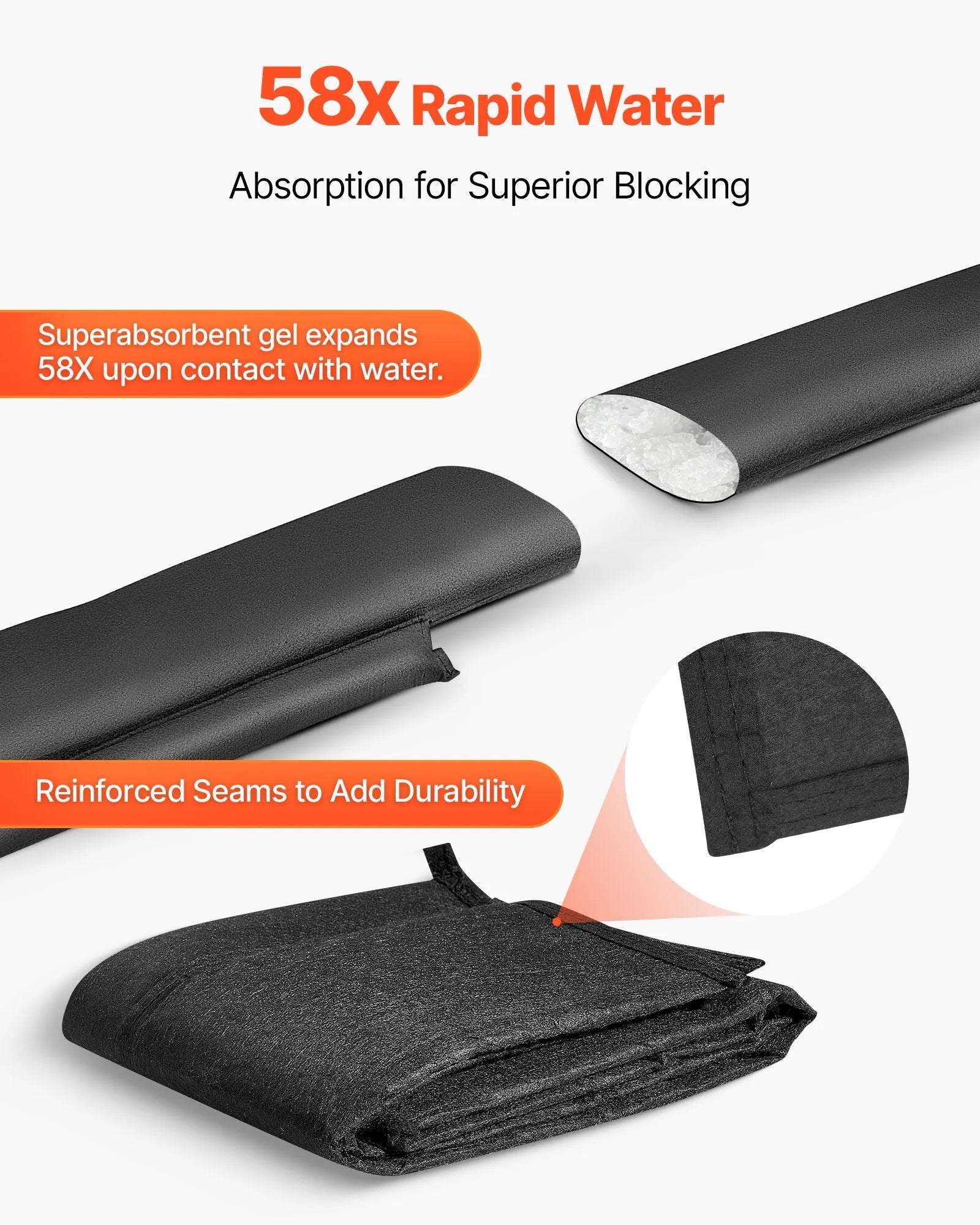 VEVOR Flood Barrier, 4 Pack, 5 x 0.7 ft Flood Bags Activated by Water, Reusable Water Absorbent Barrier, Sandless Sandbags Blockage, Flooding Prevention Bags for Home, Doorway, Basement, Garage 