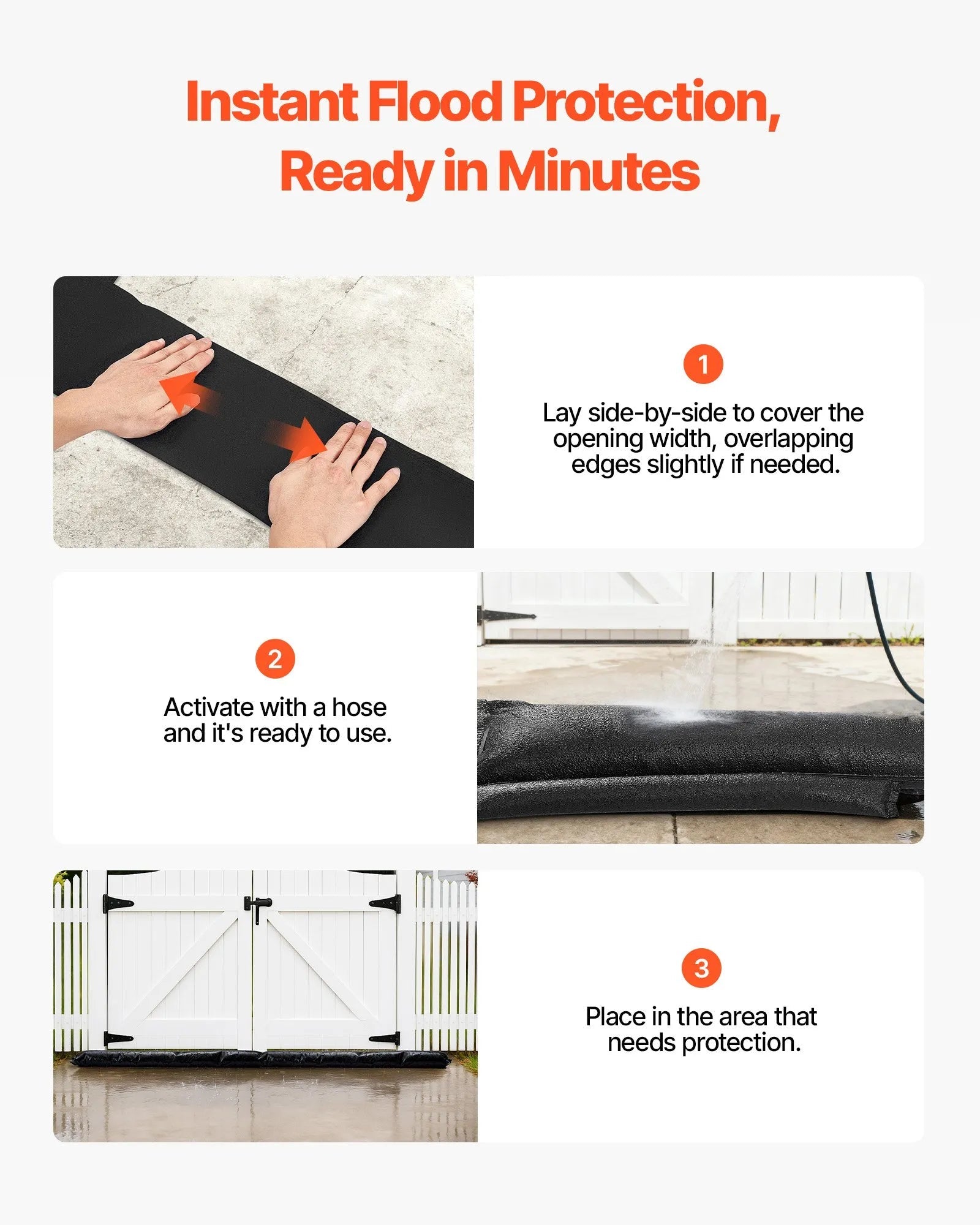 VEVOR Flood Barrier, 4 Pack, 5 x 0.7 ft Flood Bags Activated by Water, Reusable Water Absorbent Barrier, Sandless Sandbags Blockage, Flooding Prevention Bags for Home, Doorway, Basement, Garage 