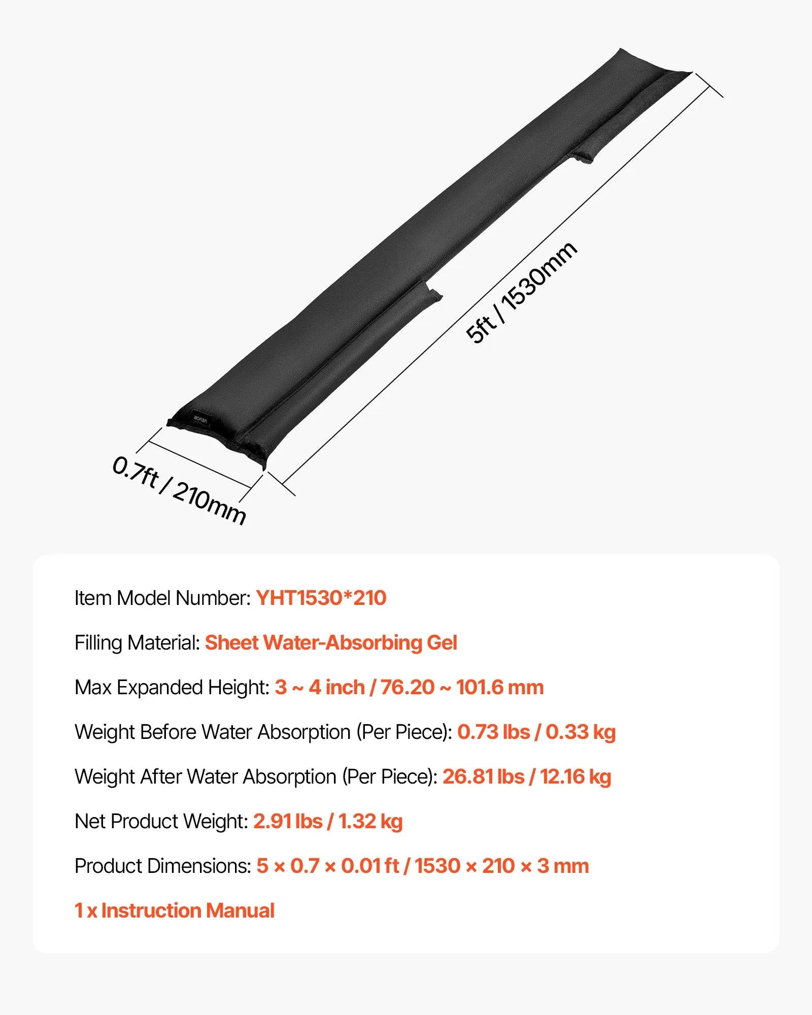 VEVOR Flood Barrier, 4 Pack, 5 x 0.7 ft Flood Bags Activated by Water, Reusable Water Absorbent Barrier, Sandless Sandbags Blockage, Flooding Prevention Bags for Home, Doorway, Basement, Garage 