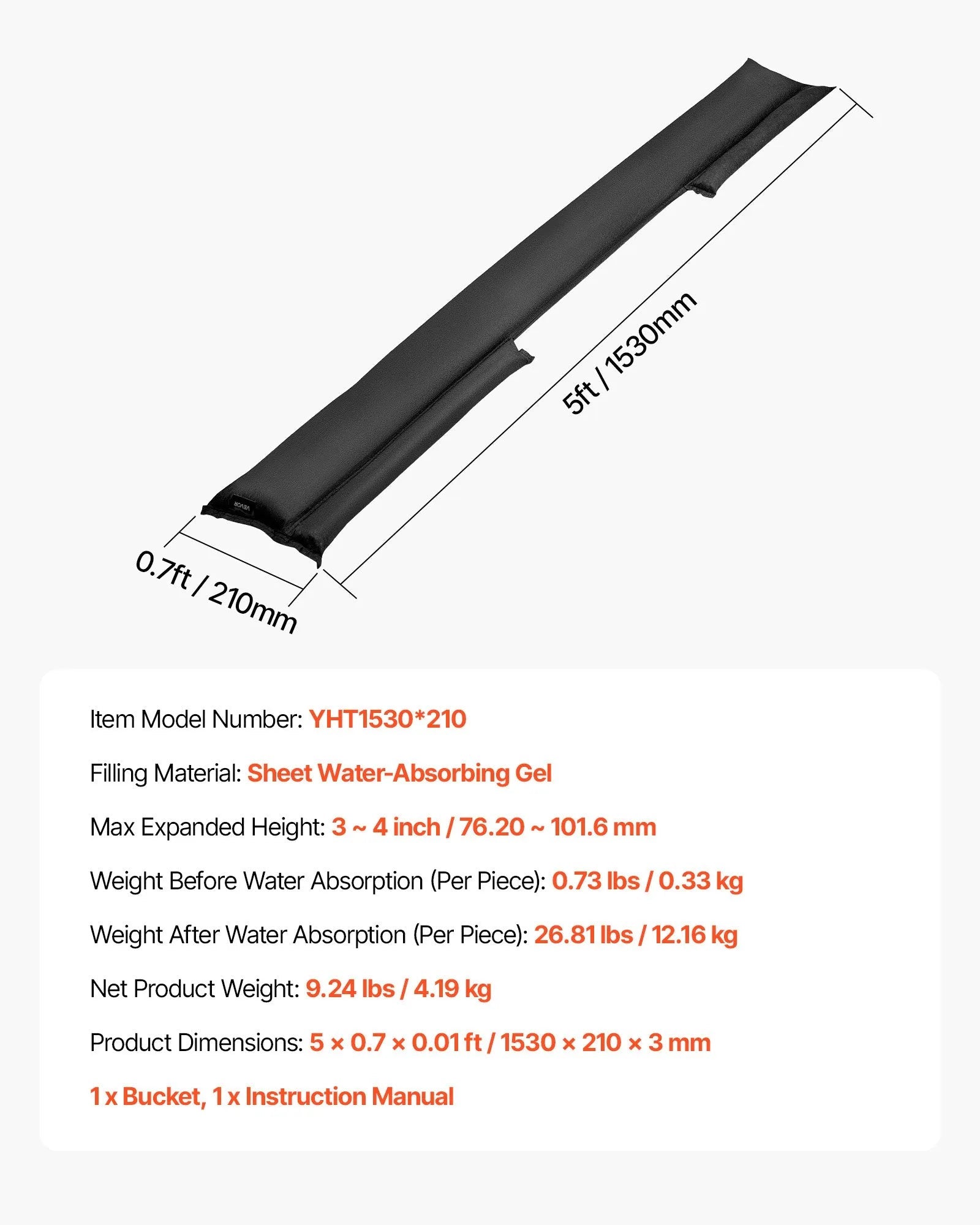 VEVOR Flood Barrier, 10 Pack, 5 x 0.7 ft Flood Bags with Bucket, Reusable Water Absorbent Barrier Activated by Water, Sandless Sandbags Blockage, Flooding Prevention Bags for Basement, Garage, Doorway 