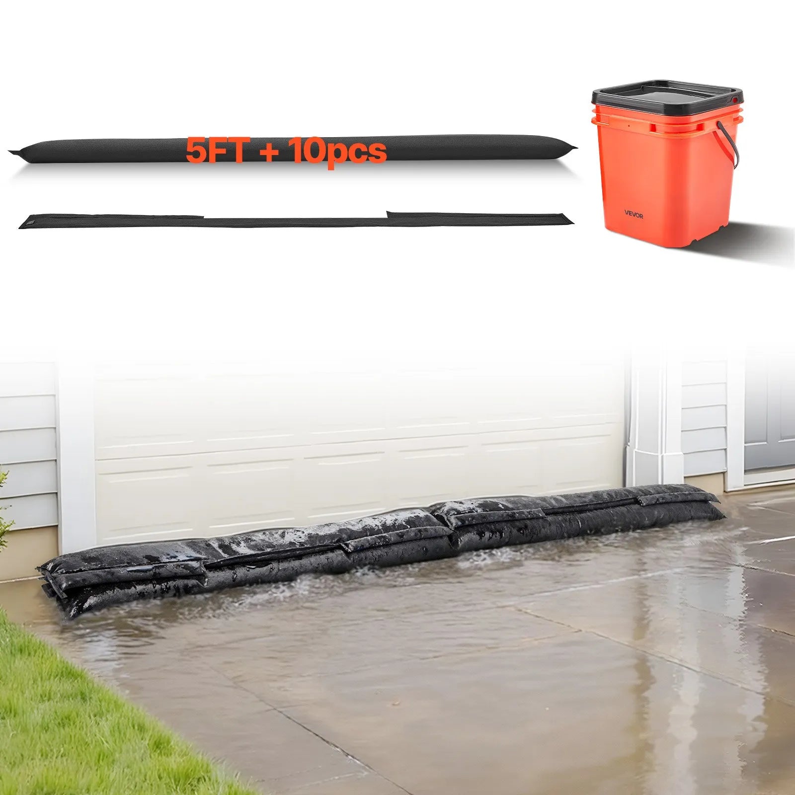 VEVOR Flood Barrier, 10 Pack, 5 x 0.7 ft Flood Bags with Bucket, Reusable Water Absorbent Barrier Activated by Water, Sandless Sandbags Blockage, Flooding Prevention Bags for Basement, Garage, Doorway 