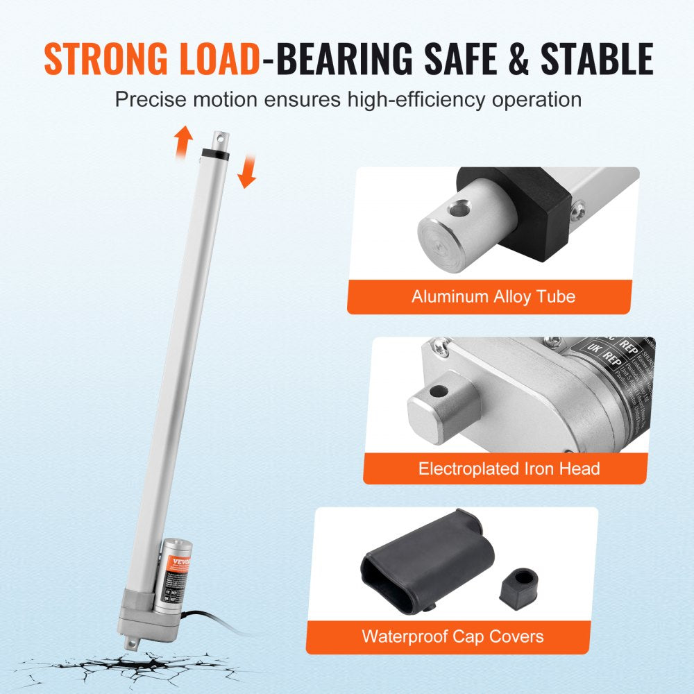 VEVOR Linear Actuator 12V, 20 Inch Waterproof IP65 Linear Actuator, 660lbs/3000N 0.19"/s Linear Motion Actuator with Mounting Bracket 