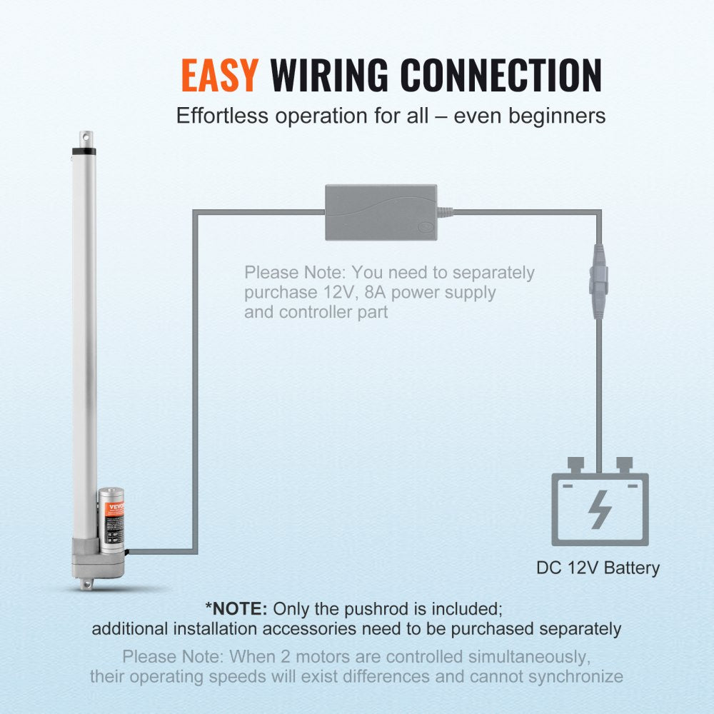 VEVOR Linear Actuator 12V, 20 Inch Waterproof IP65 Linear Actuator, 660lbs/3000N 0.19"/s Linear Motion Actuator with Mounting Bracket 