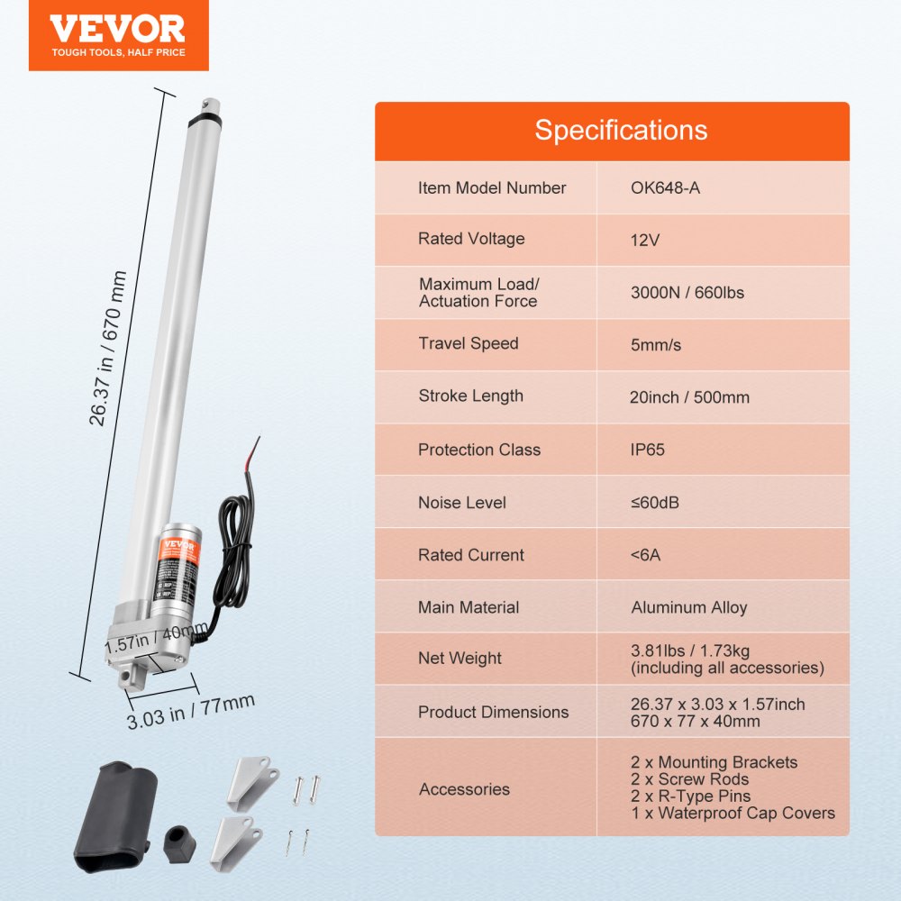 VEVOR Linear Actuator 12V, 20 Inch Waterproof IP65 Linear Actuator, 660lbs/3000N 0.19"/s Linear Motion Actuator with Mounting Bracket 