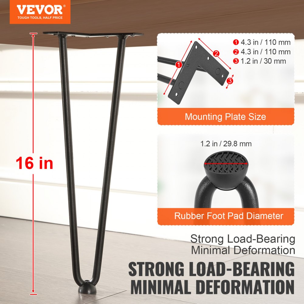 VEVOR 16" Hairpin Furniture Legs, Metal Home DIY Projects for Nightstand, Coffee Table, Desk, 500lbs Load Capacity with Rubber Floor Protectors, Metal Heavy Duty Sturdy Modern Table Legs, 4PCS Black 
