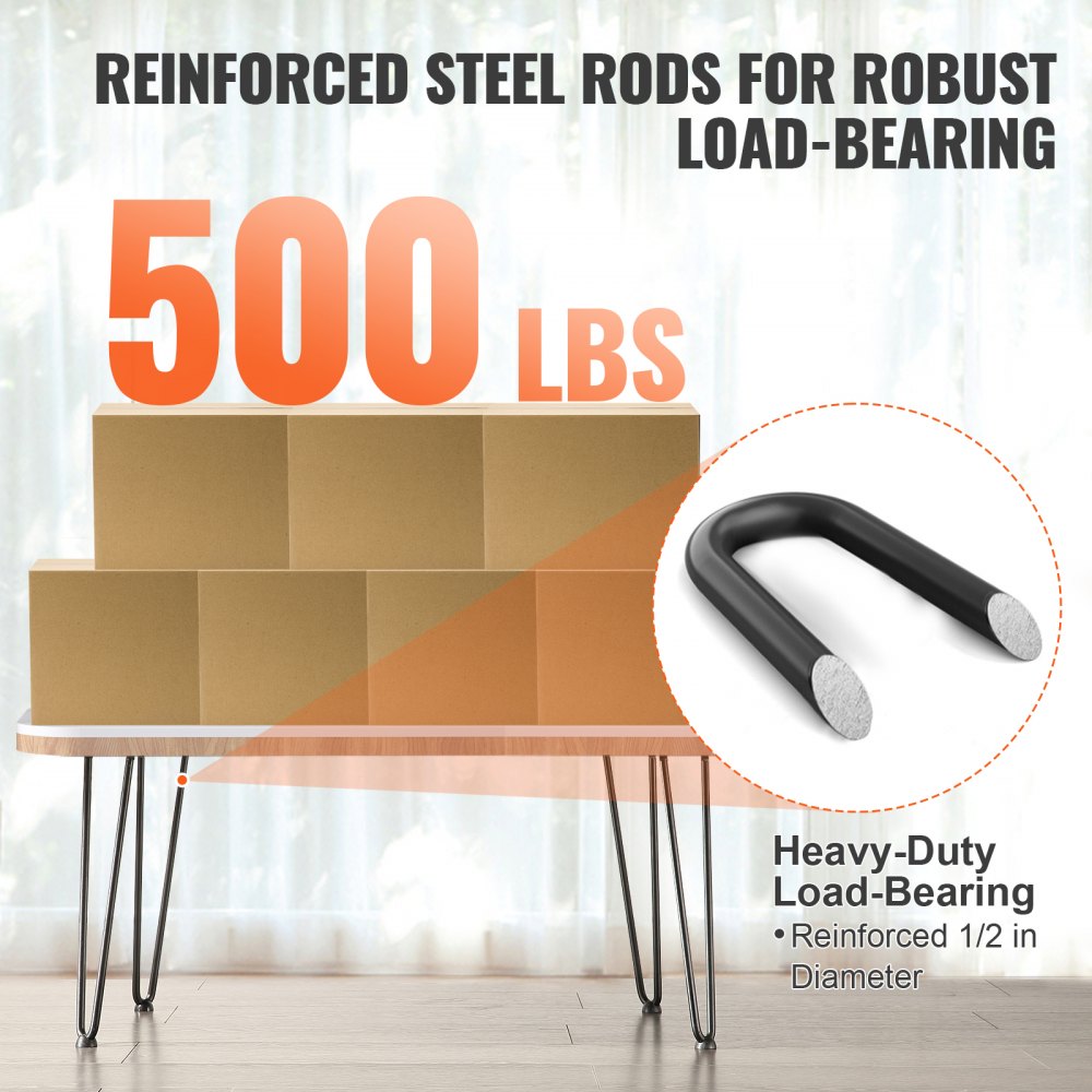 VEVOR 16" Hairpin Furniture Legs, Metal Home DIY Projects for Nightstand, Coffee Table, Desk, 500lbs Load Capacity with Rubber Floor Protectors, Metal Heavy Duty Sturdy Modern Table Legs, 4PCS Black 