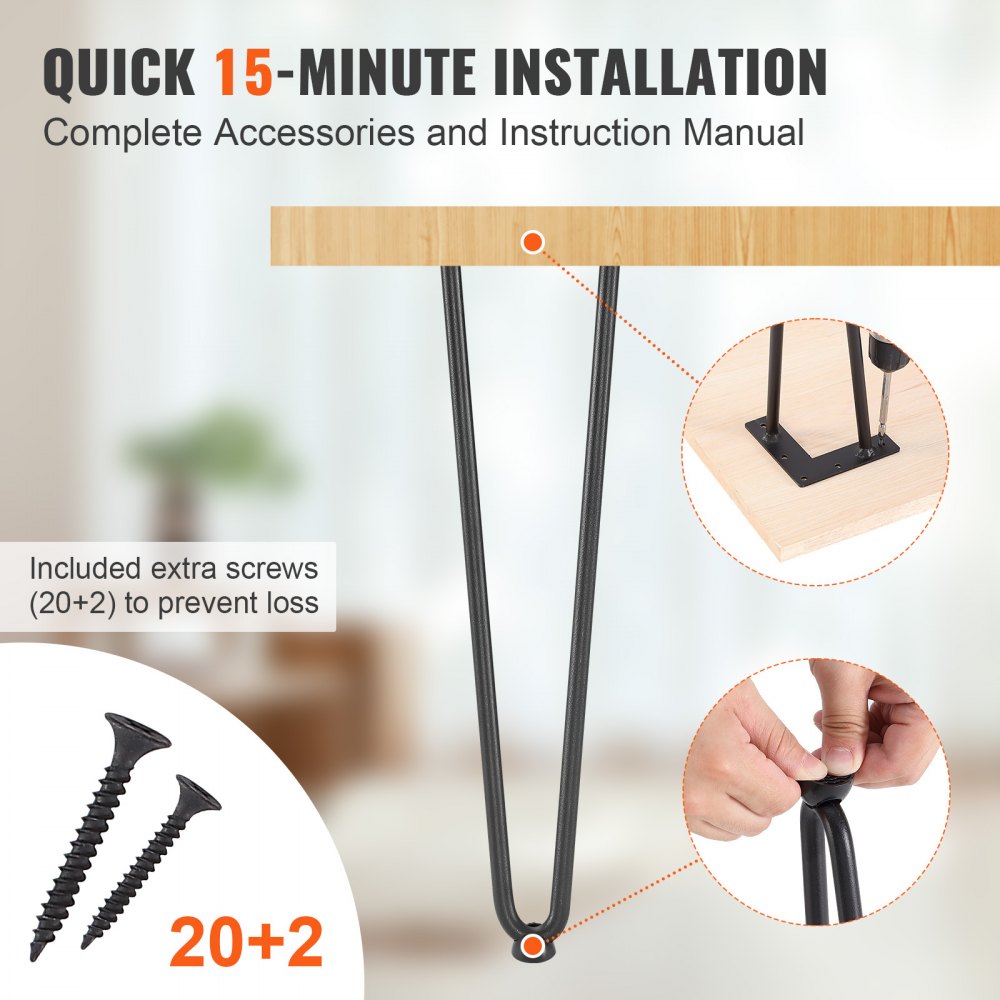 VEVOR 16" Hairpin Furniture Legs, Metal Home DIY Projects for Nightstand, Coffee Table, Desk, 500lbs Load Capacity with Rubber Floor Protectors, Metal Heavy Duty Sturdy Modern Table Legs, 4PCS Black 