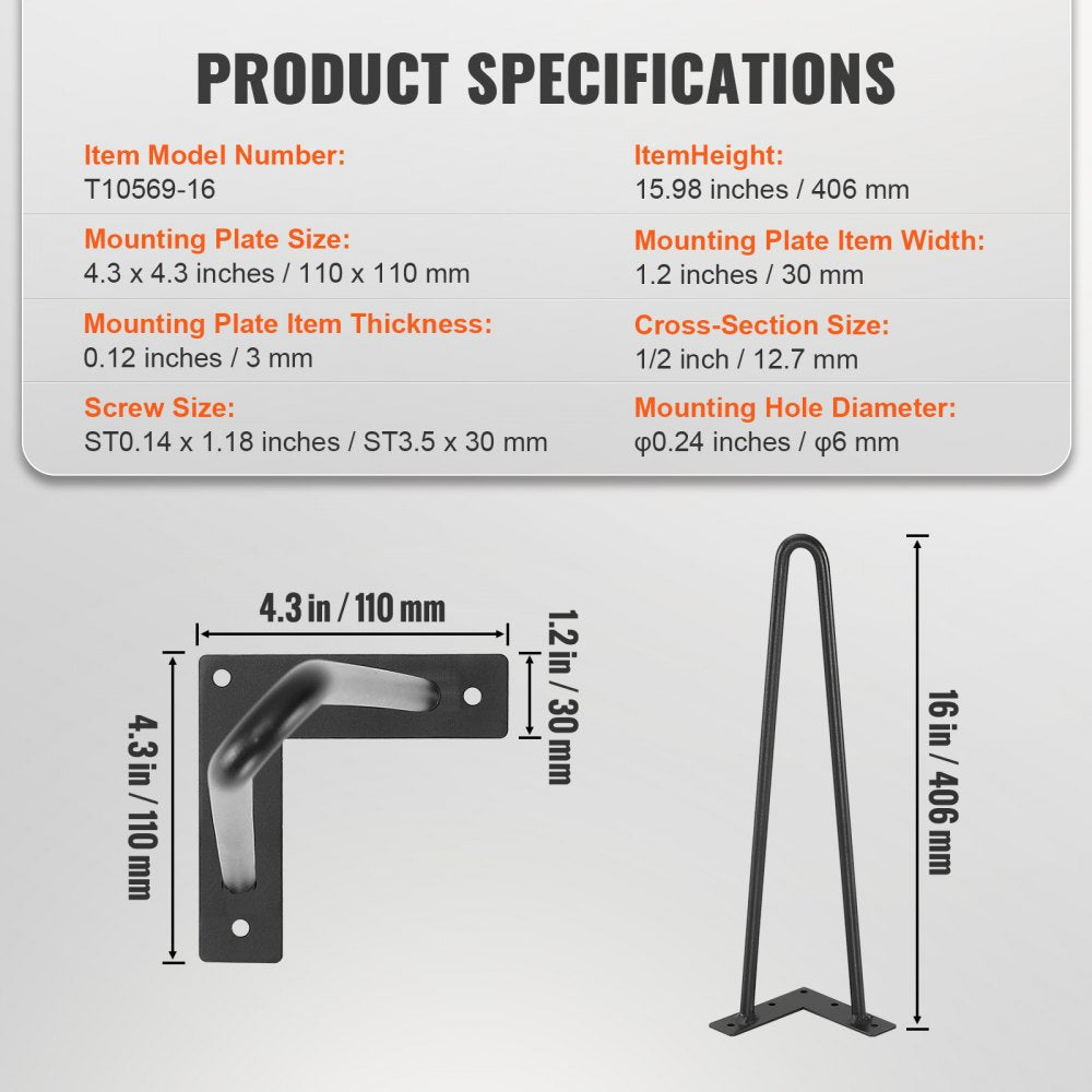 VEVOR 16" Hairpin Furniture Legs, Metal Home DIY Projects for Nightstand, Coffee Table, Desk, 500lbs Load Capacity with Rubber Floor Protectors, Metal Heavy Duty Sturdy Modern Table Legs, 4PCS Black 