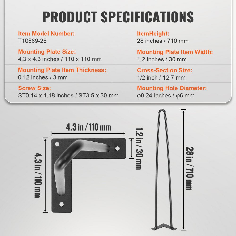 VEVOR 28" Hairpin Furniture Legs, Metal Home DIY Projects for Nightstand, Coffee Table, Desk, 500lbs Load Capacity with Rubber Floor Protectors, Metal Heavy Duty Sturdy Modern Table Legs, 4PCS Black 